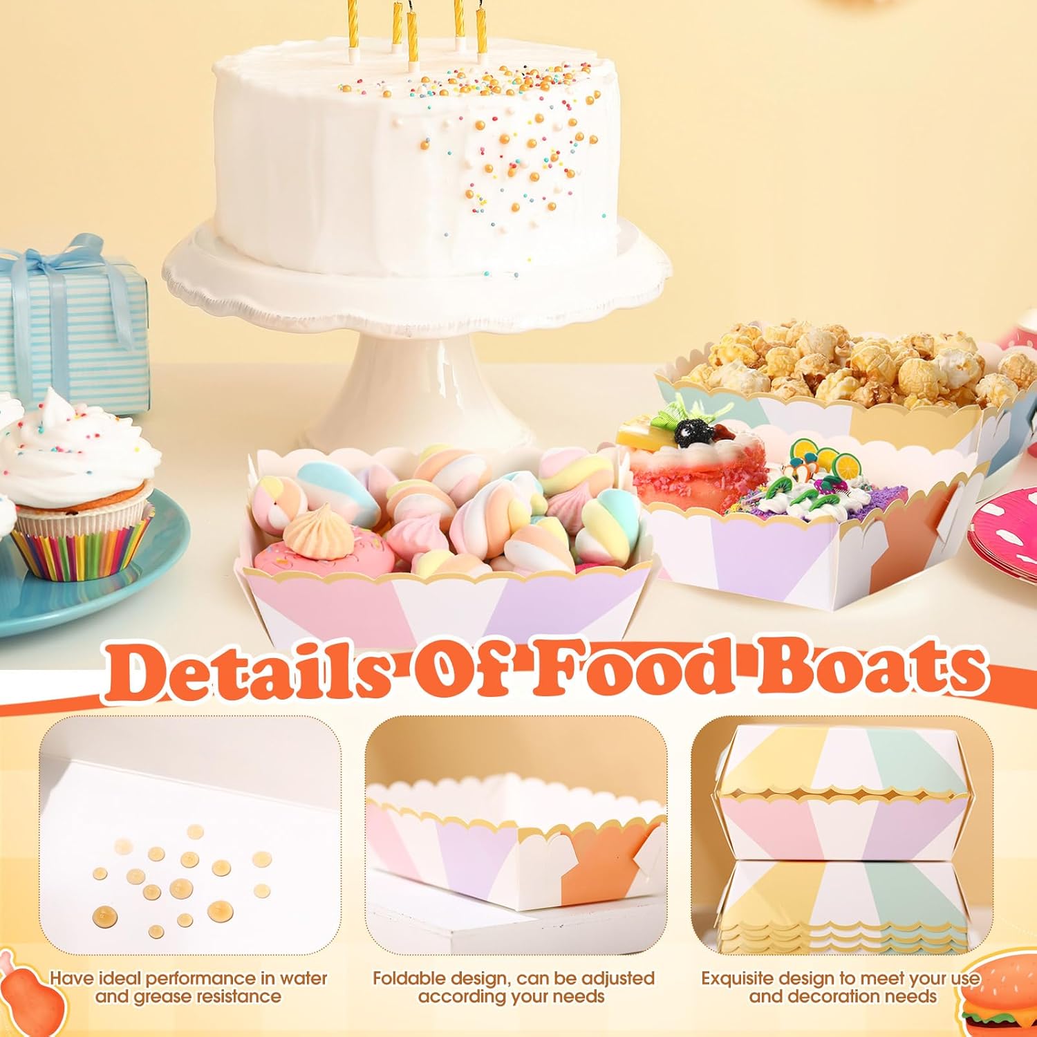 30 Pcs Pastel Striped Food Trays with Gold Foil Edge
