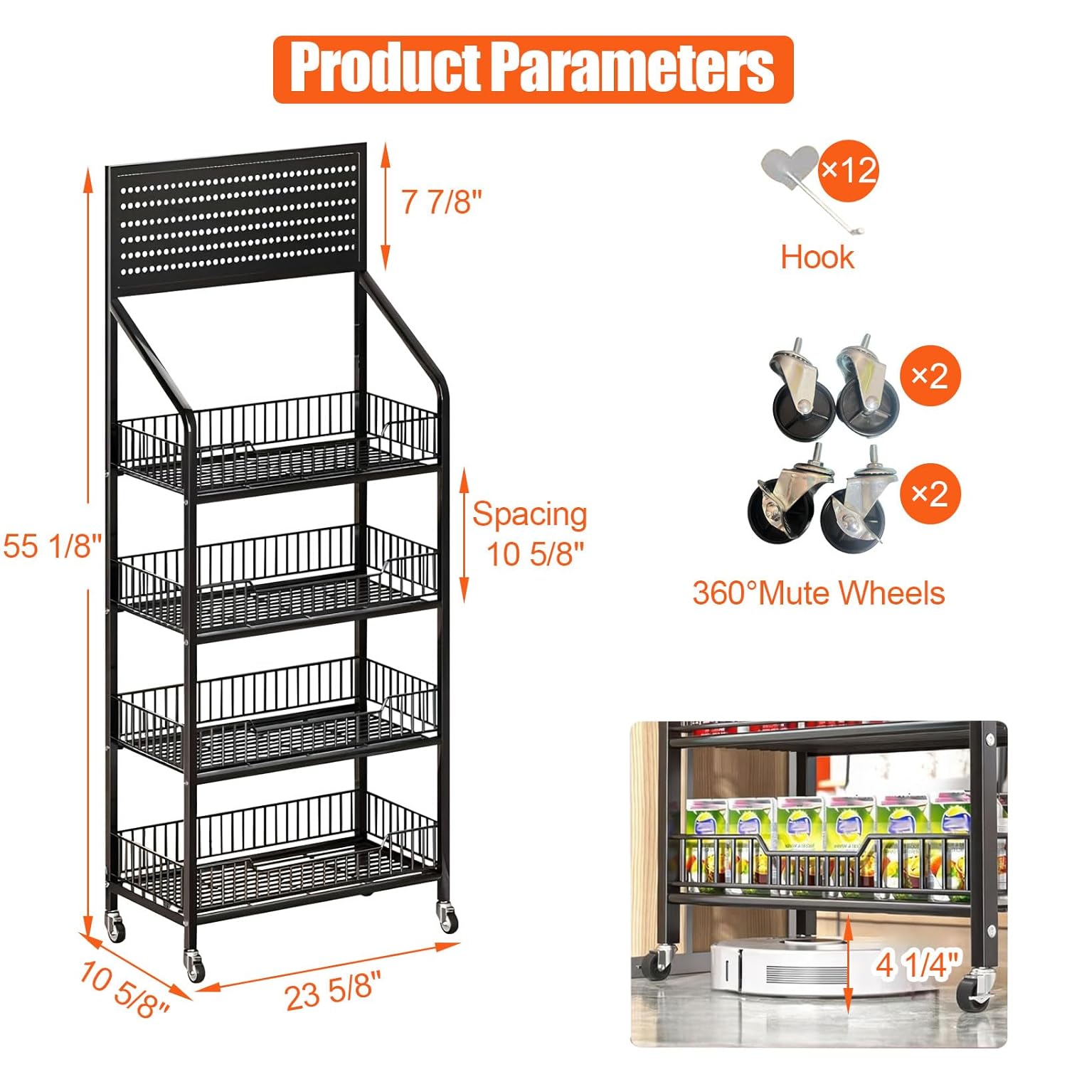 4 Tier Supermarket Snack Display Rack with 12 Hooks and 4 Wheels