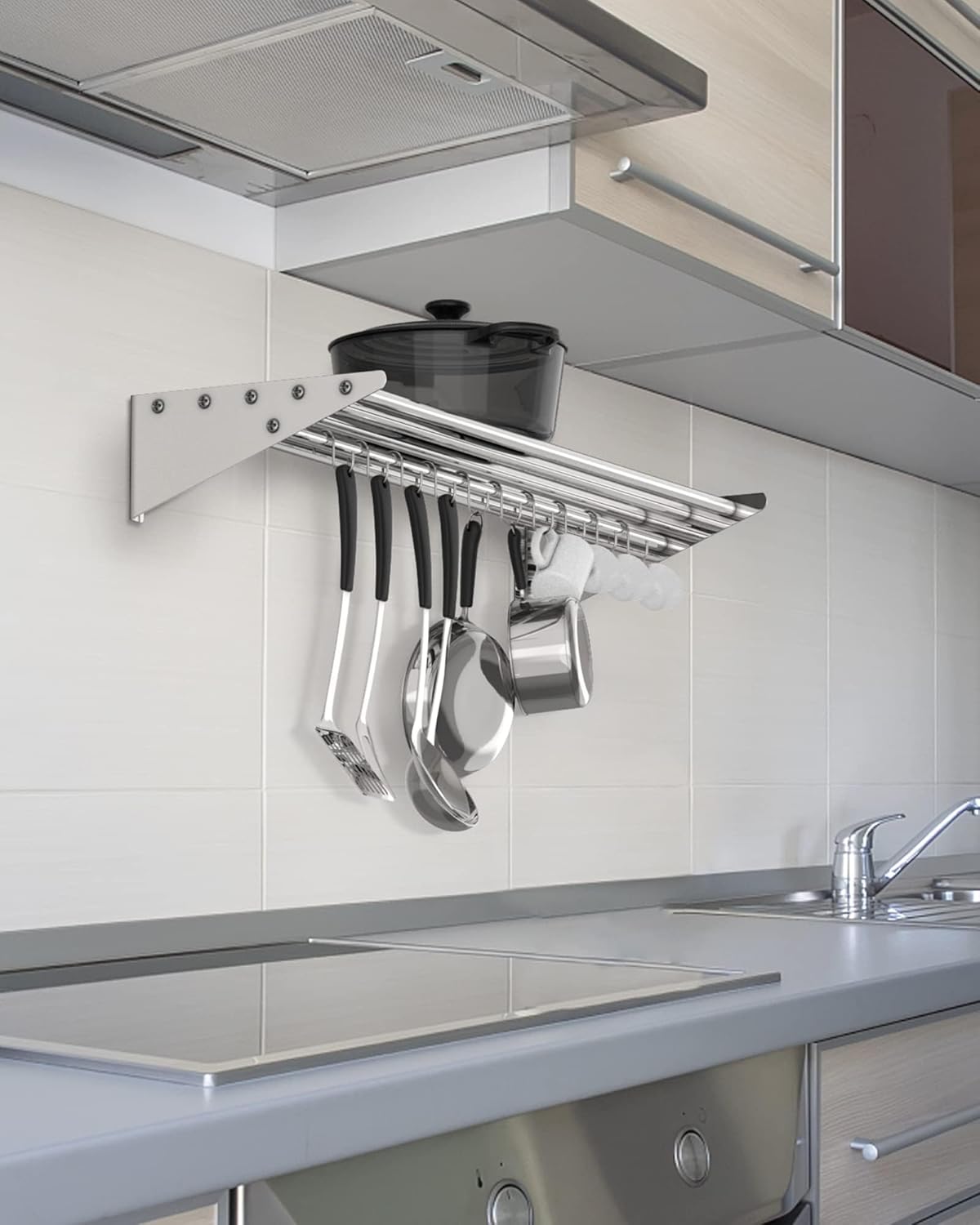 EcoExplorer Stainless Steel Wall Shelf with 10 Hooks