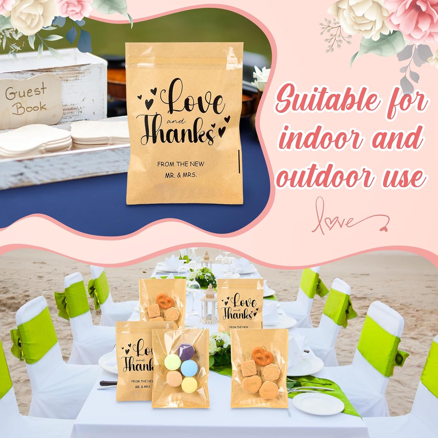 100 Pcs Clear Wedding Cookie Bags with Thank You Kraft Paper