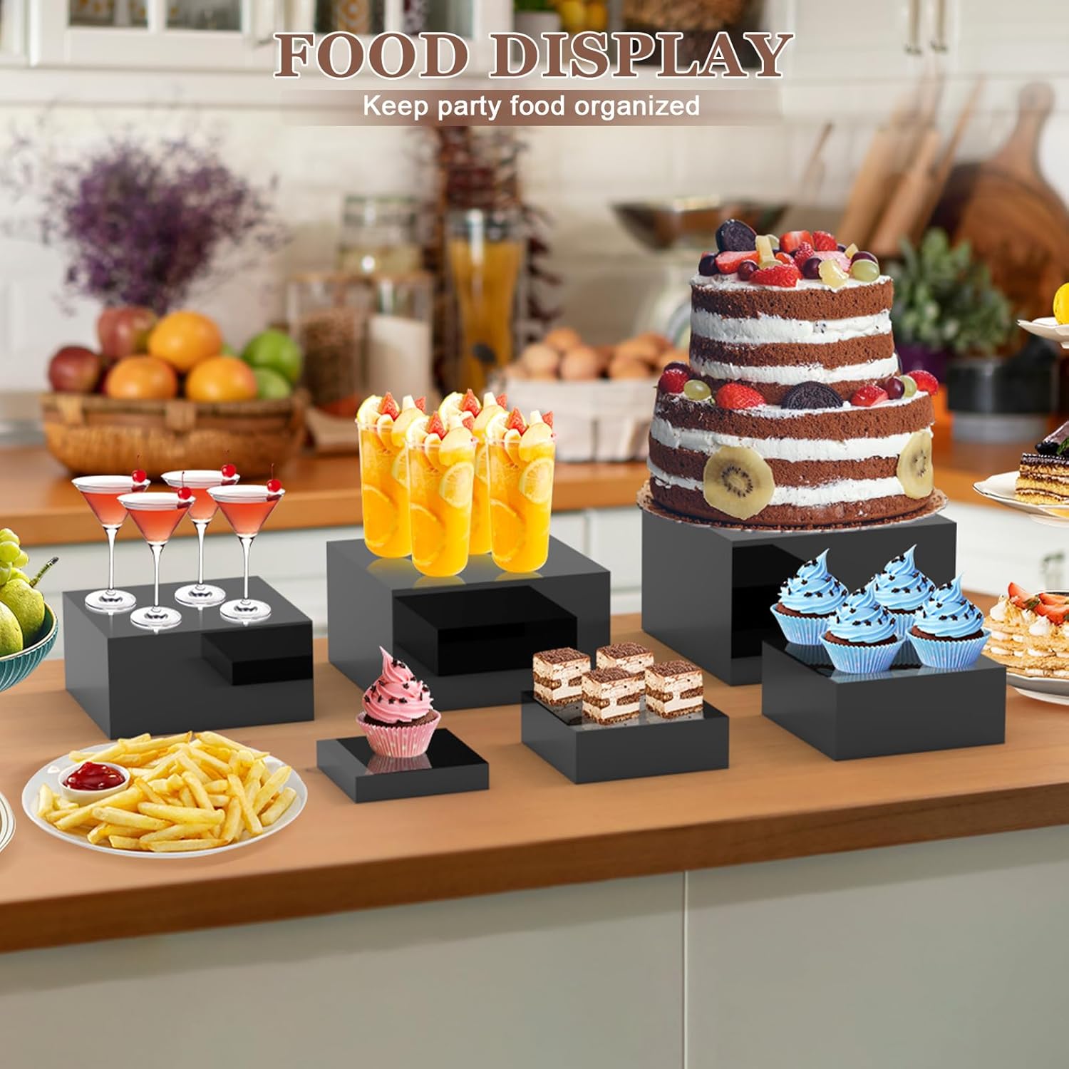 6 Pcs Buffet Risers with Hollow Bottoms Black Set