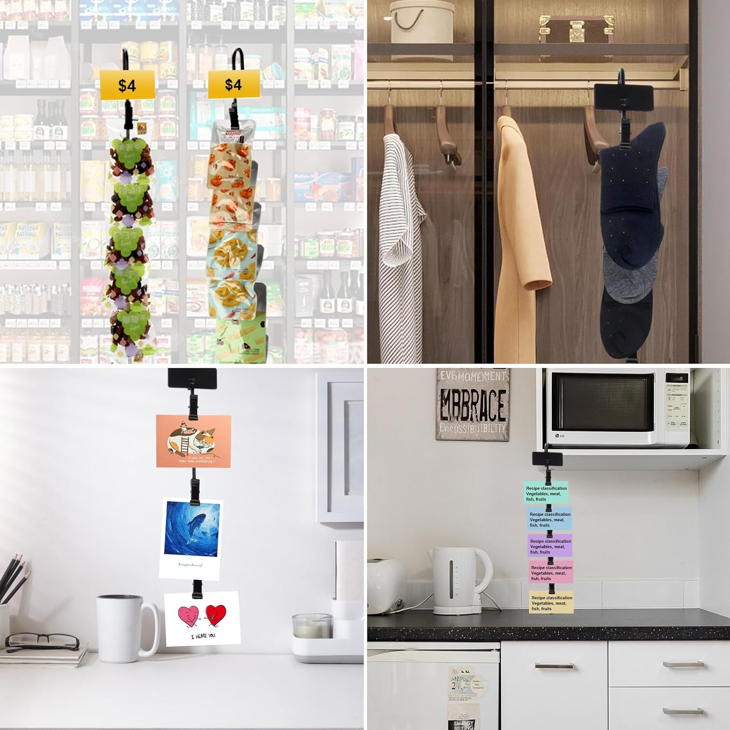 4 Pack Hanging Merchandise Strips with Hooks and Clips Black
