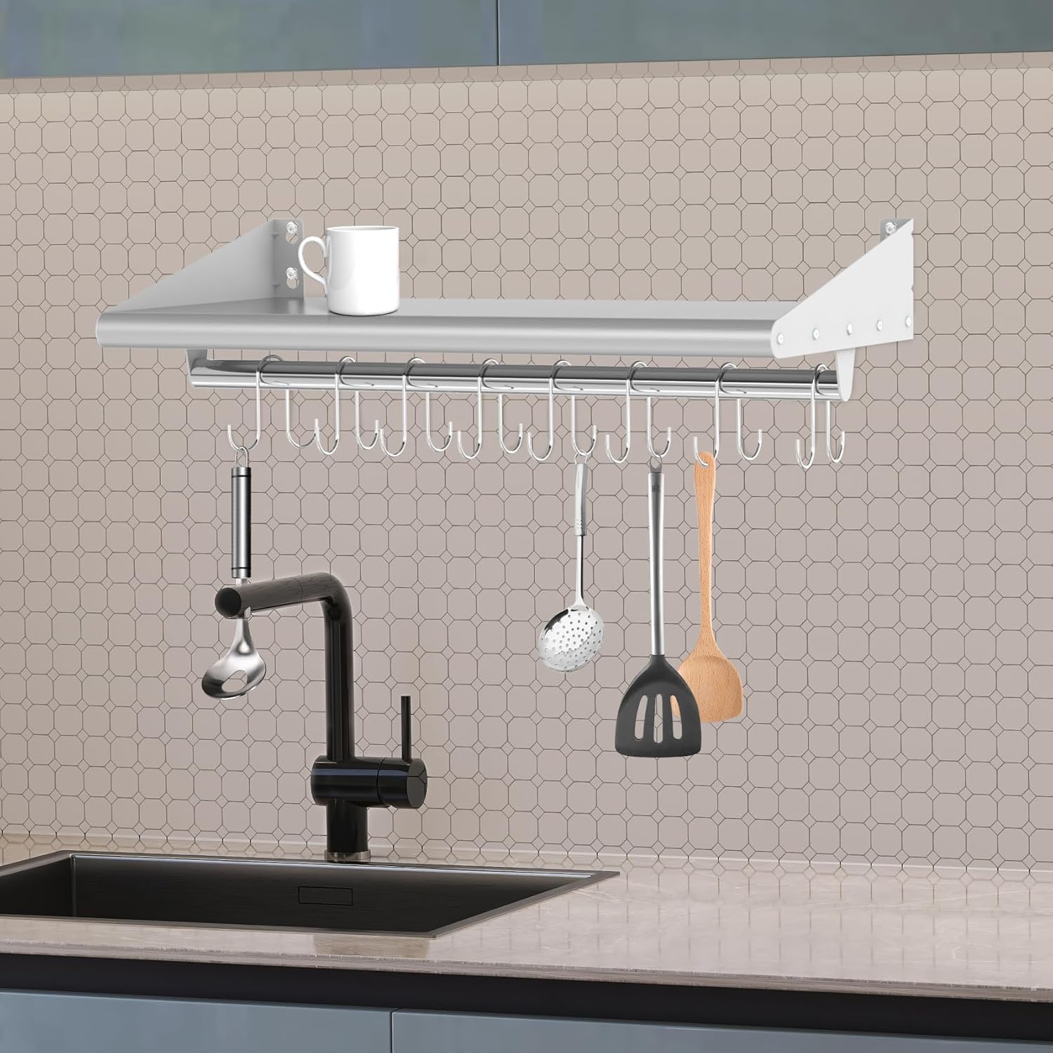 Skyflame Stainless Steel Floating Shelving with 8 Hooks