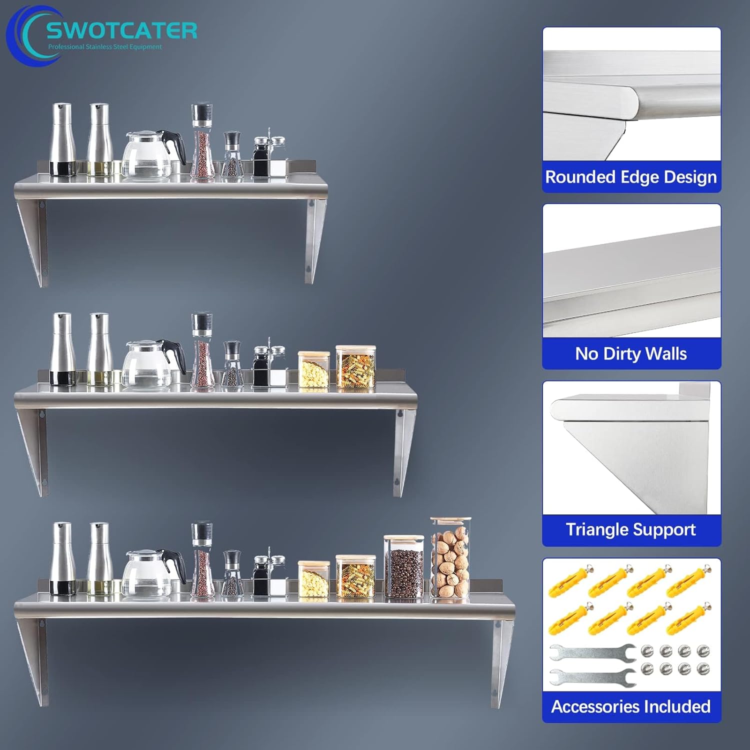 Stainless Steel Shelf 12x36 Inch Heavy Duty Wall Mount Storage Rack