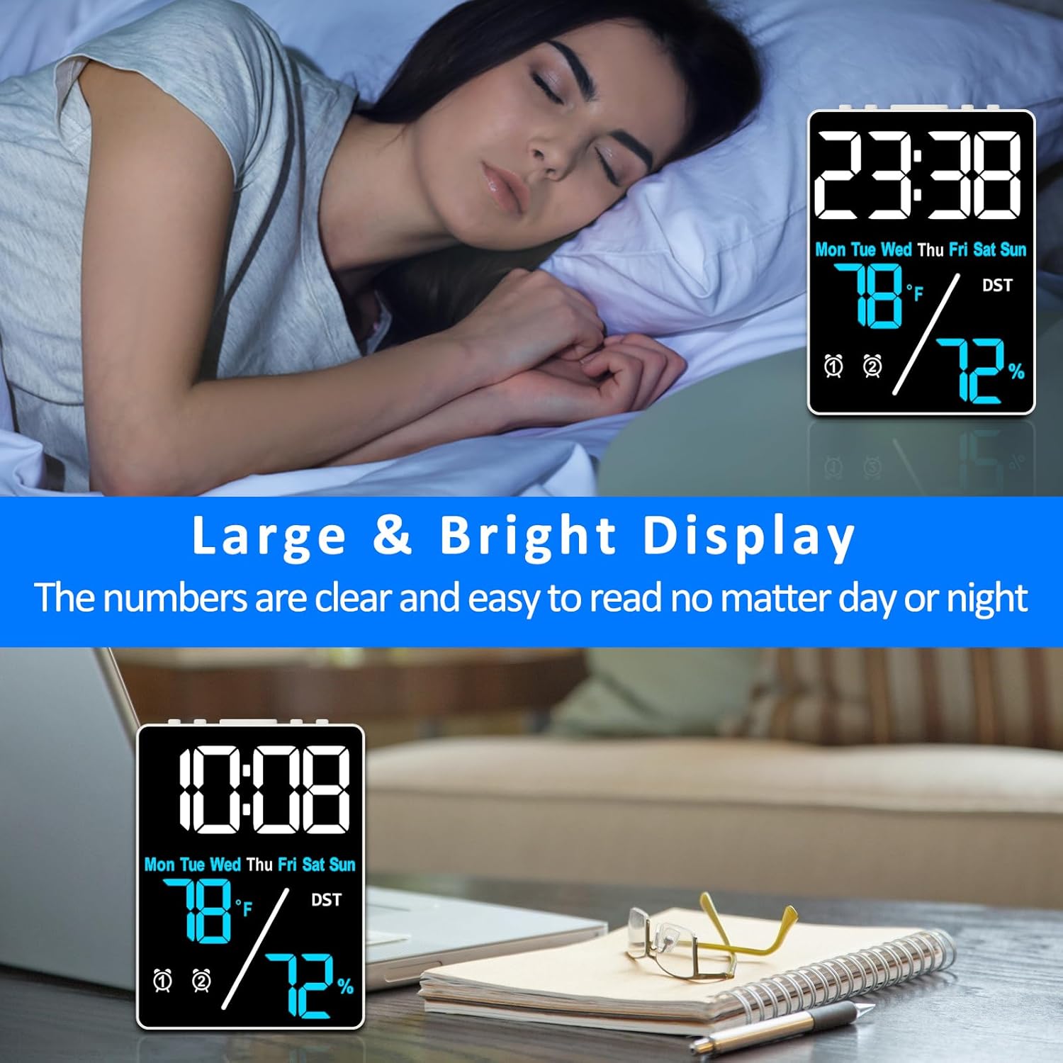 55 Inch Digital Thermometer Hygrometer Alarm Clock for Desk and Home