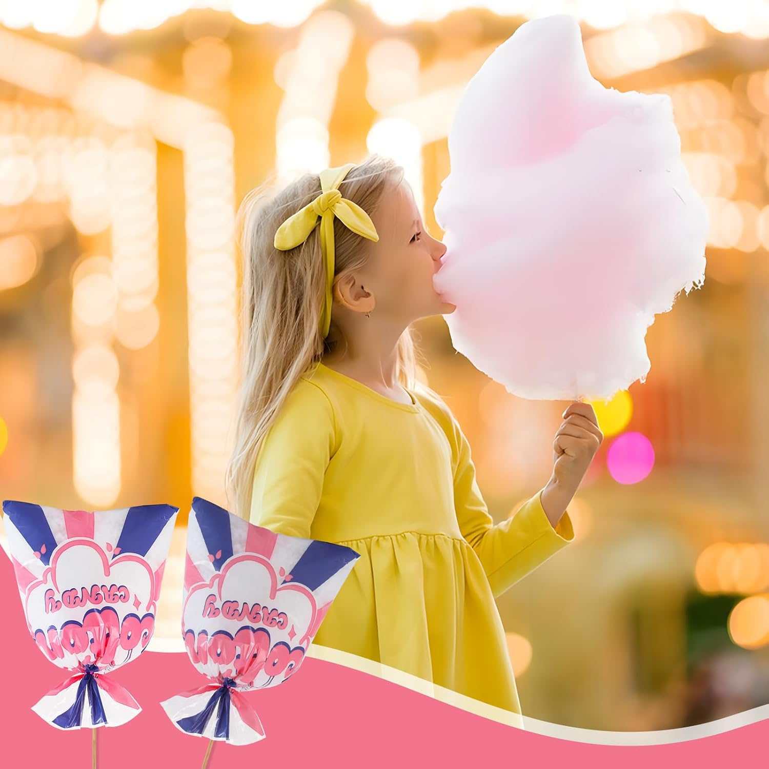 50 Pcs Cotton Candy Bags with Ties for Parties and Events