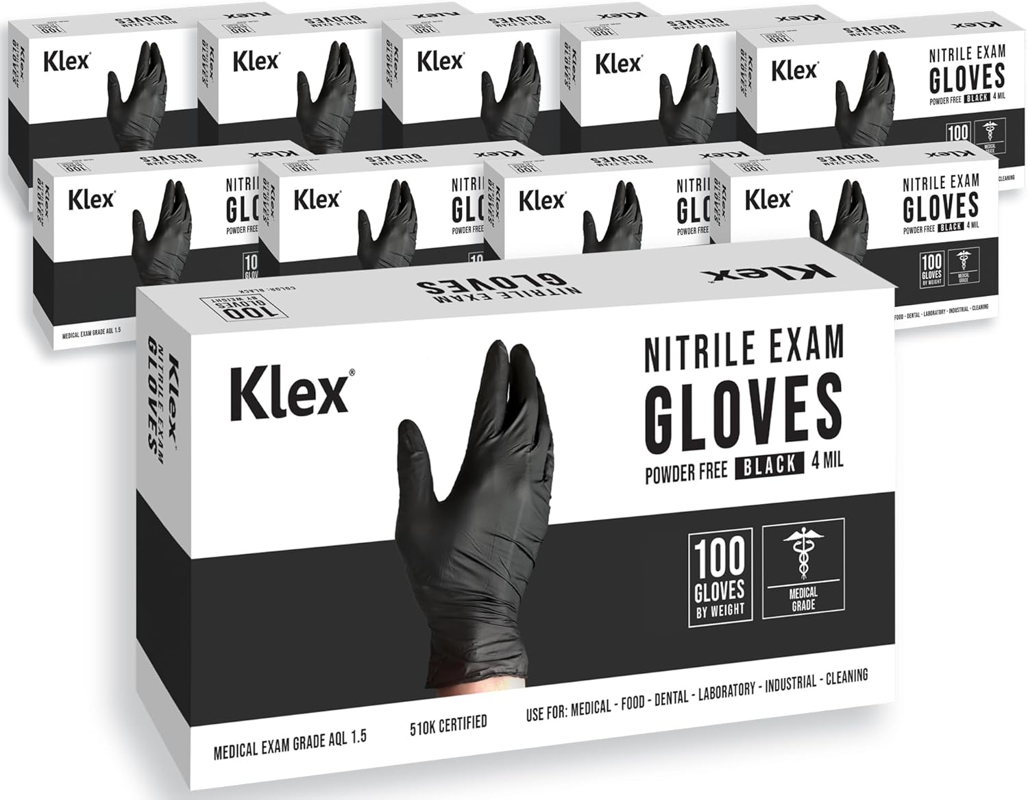 Klex Nitrile Exam Gloves - 1000 Count Black Medical Grade Powder Free Latex Free
