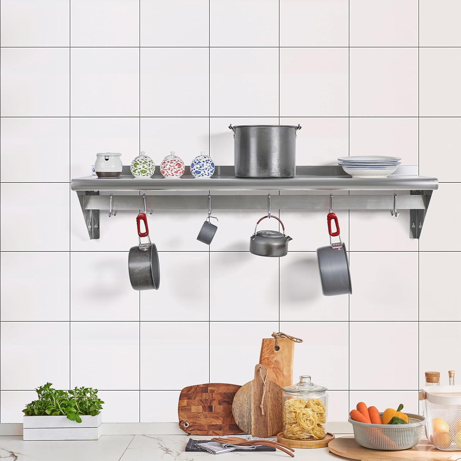 HALLY Stainless Steel Shelf with 6 Hooks Wall Mounted Pot Rack 12x36 Inches