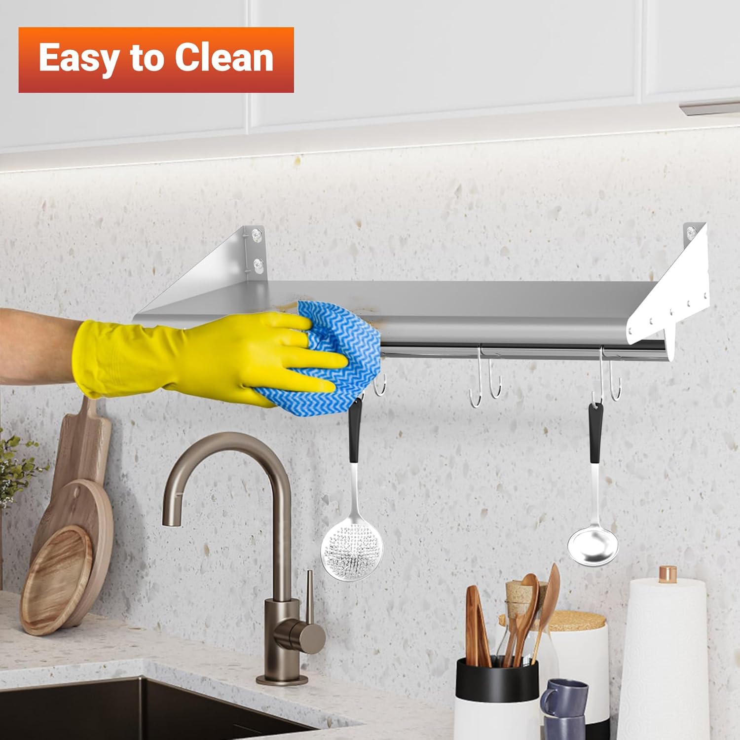 Skyflame 12x24 Inch Stainless Steel Wall Shelf with 4 Hooks