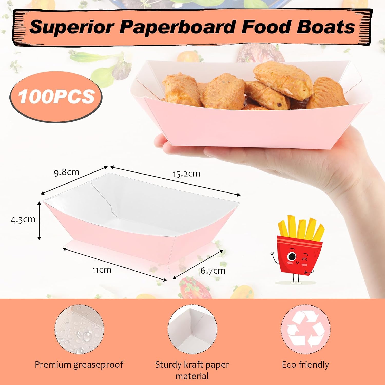 Yinkin 100 Pcs Light Pink Food Trays Boat 2lb Disposable Nacho Trays Kraft Paper Boat for Tacos Party Supplies