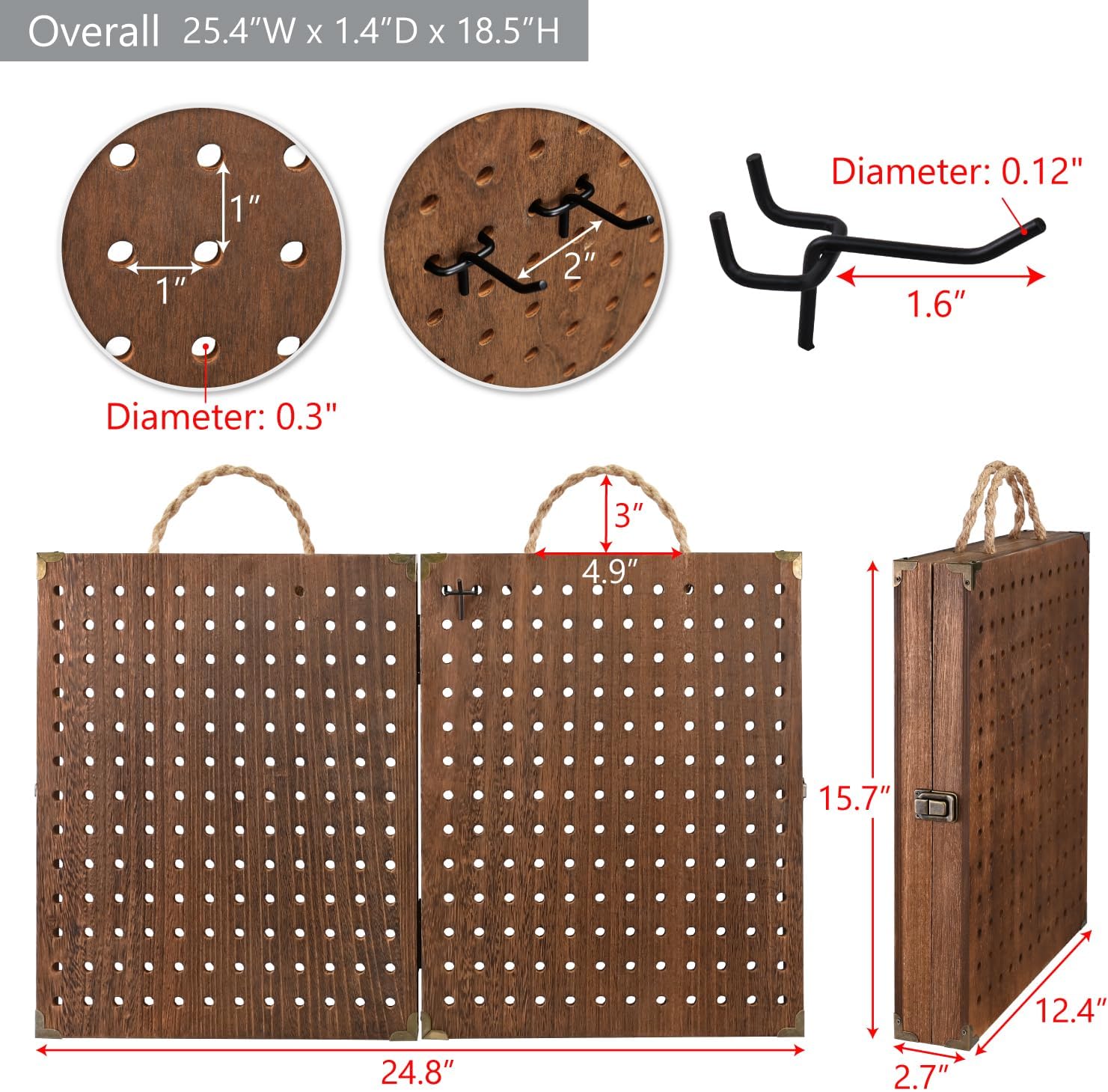 MOOCA 2 Panel Pegboard Jewelry Display Organizer with 48 Hooks and Rope Handle