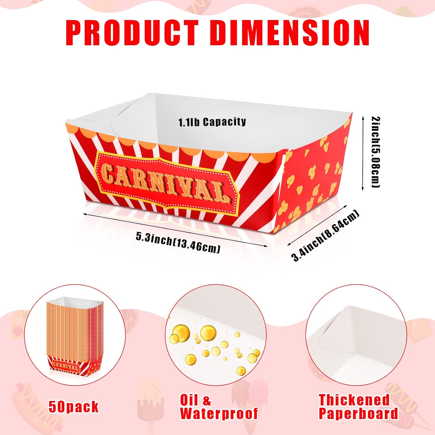 100 Pcs Carnival Food Trays with Waxed Paper for Parties
