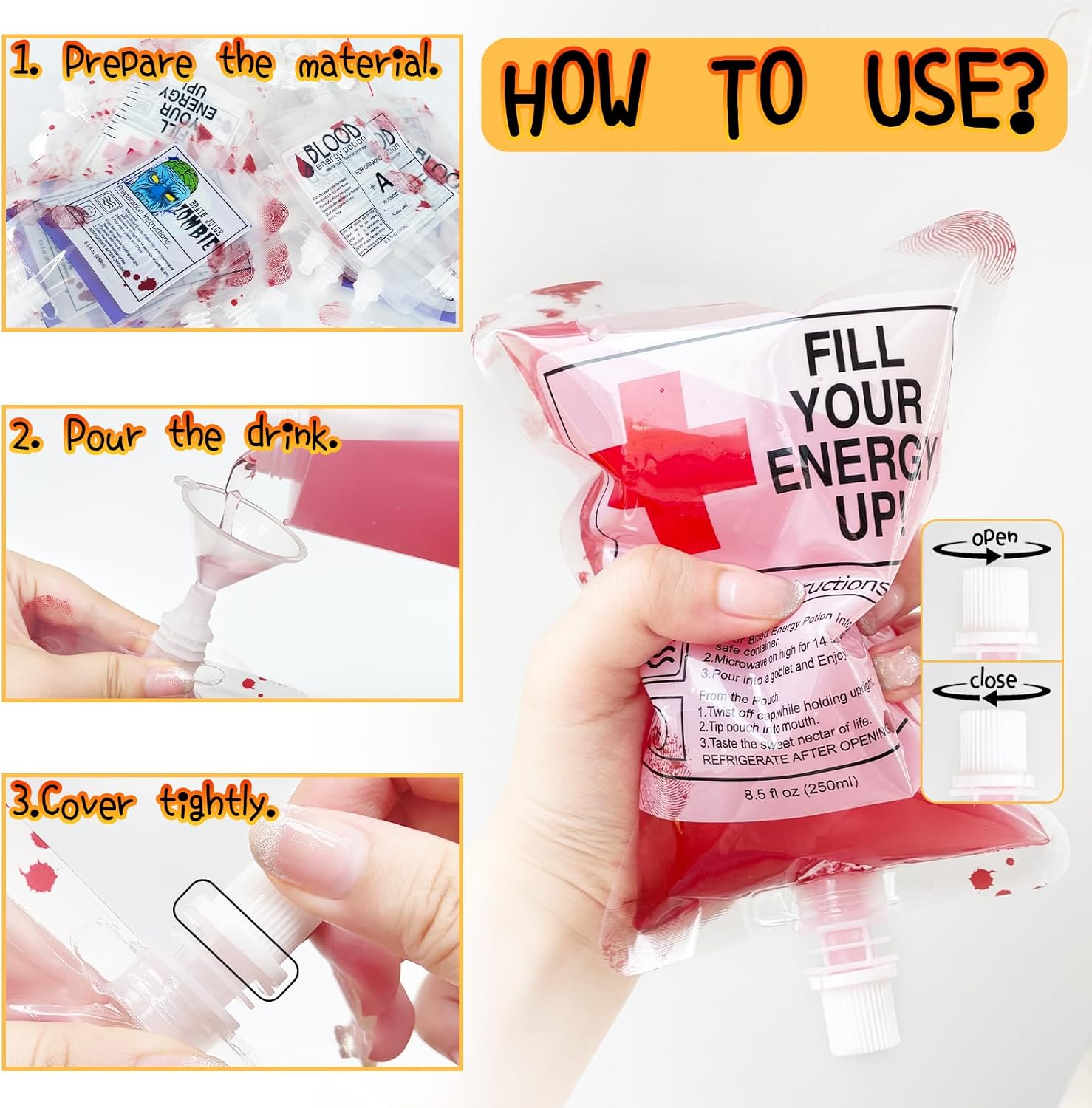 40 Pcs Halloween Blood Bags for Drinks Reusable with Funnel