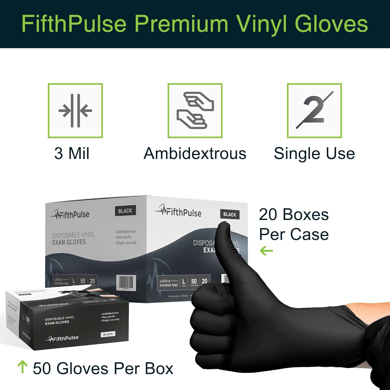 FifthPulse Black Vinyl Disposable Gloves