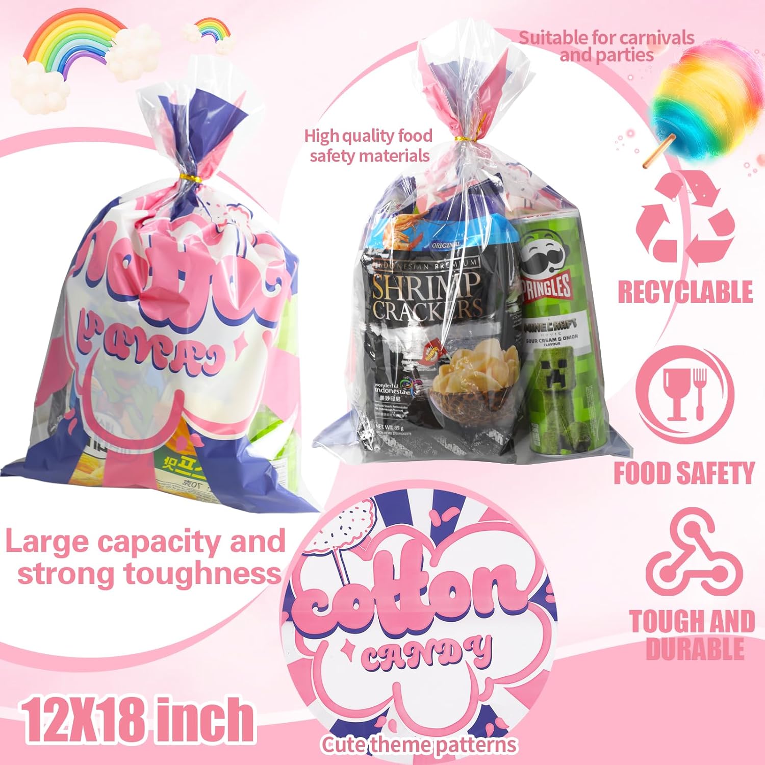 50 Pcs Cotton Candy Bags with Ties for Parties and Events