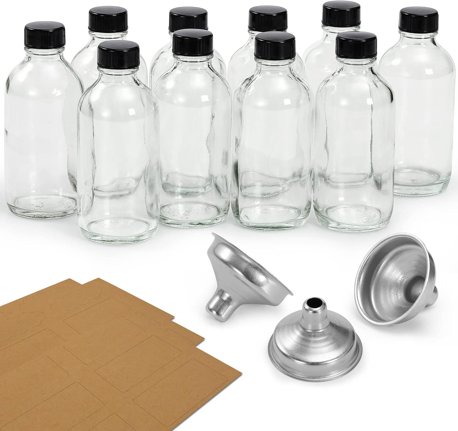10 Pack 4 oz Clear Glass Bottles with Lids and 3 Funnels - Leakproof Travel and Sample Bottles for Liquids