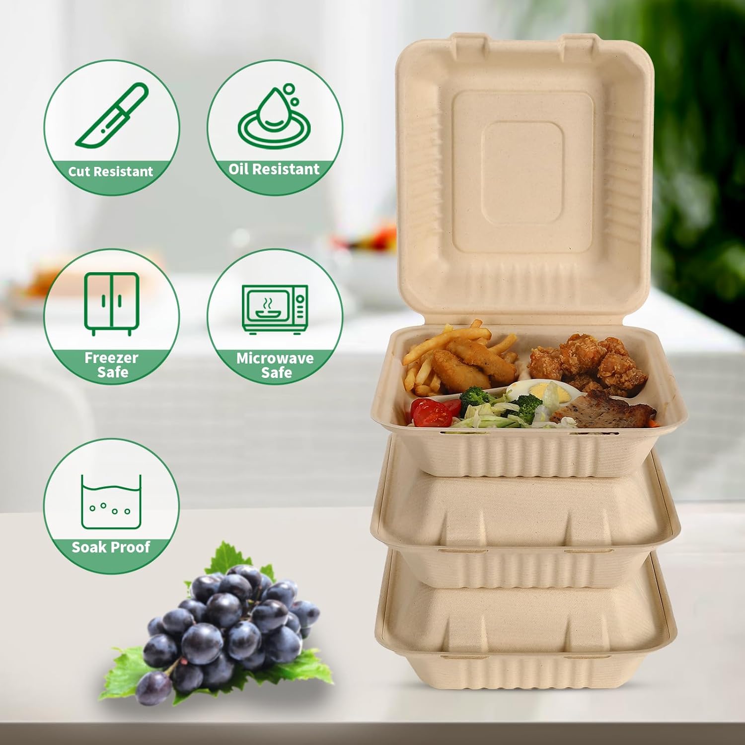 Aricsen 3 Compartment Clamshell Takeout Containers 8x9 Inch 100 Pack