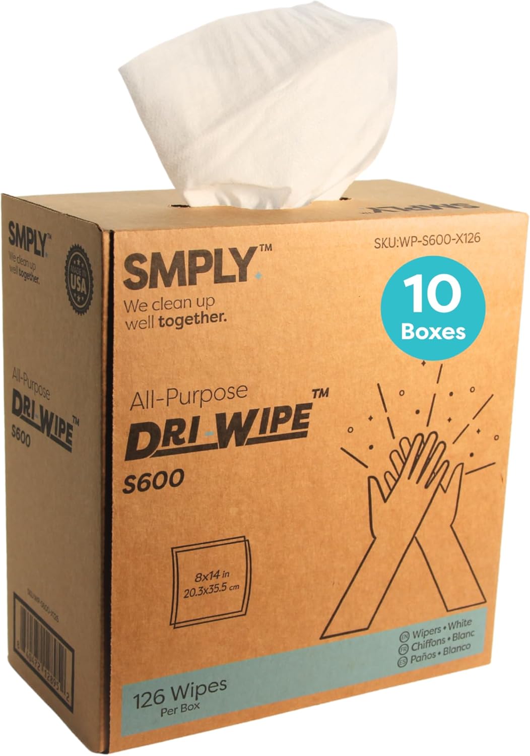 Dri-Wipe S600 by SMPLY Brands - 10 Boxes of 126 Wipes 8 x 14 Center-Pull Sheets