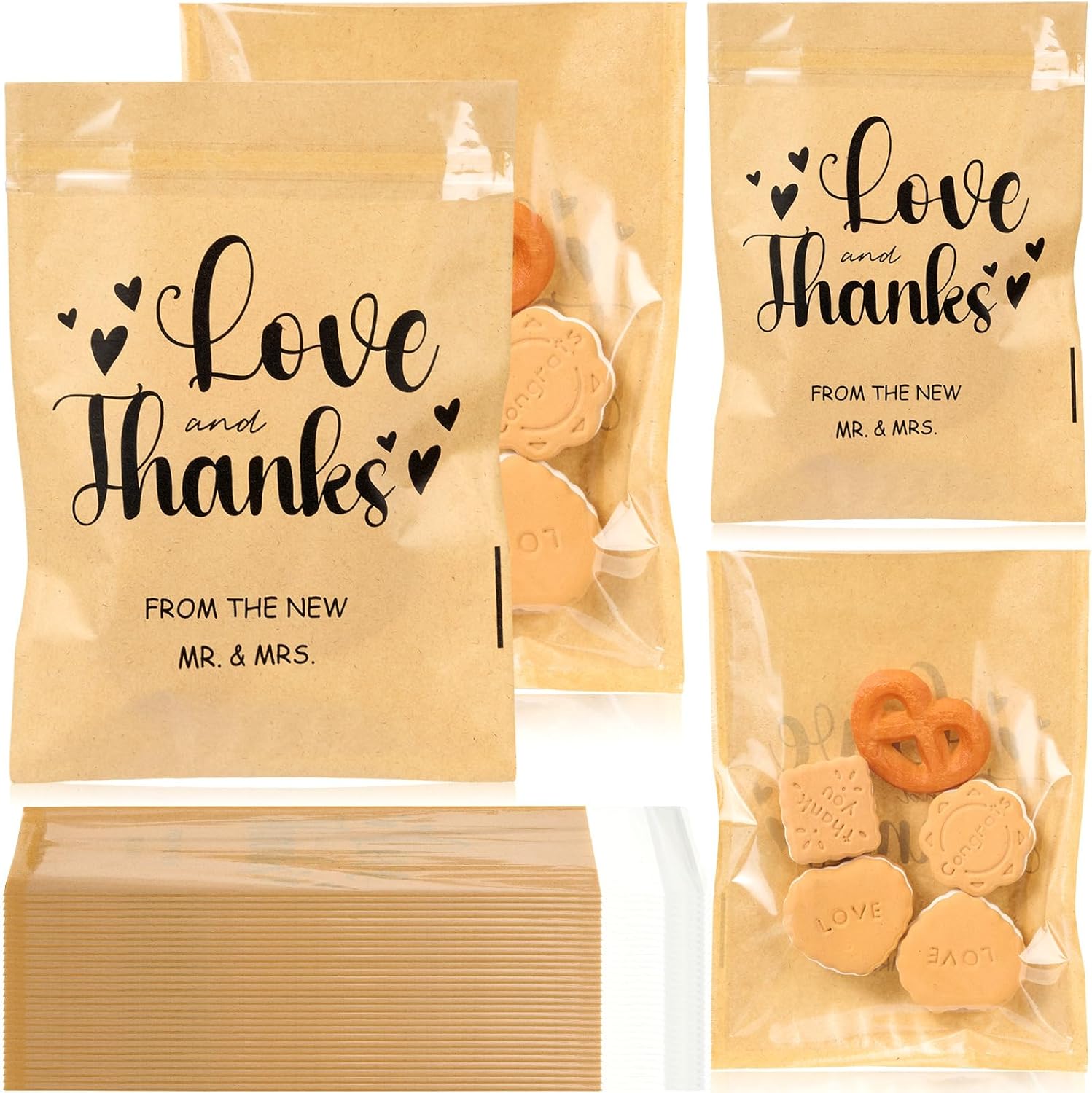 100 Pcs Clear Wedding Cookie Bags with Thank You Kraft Paper