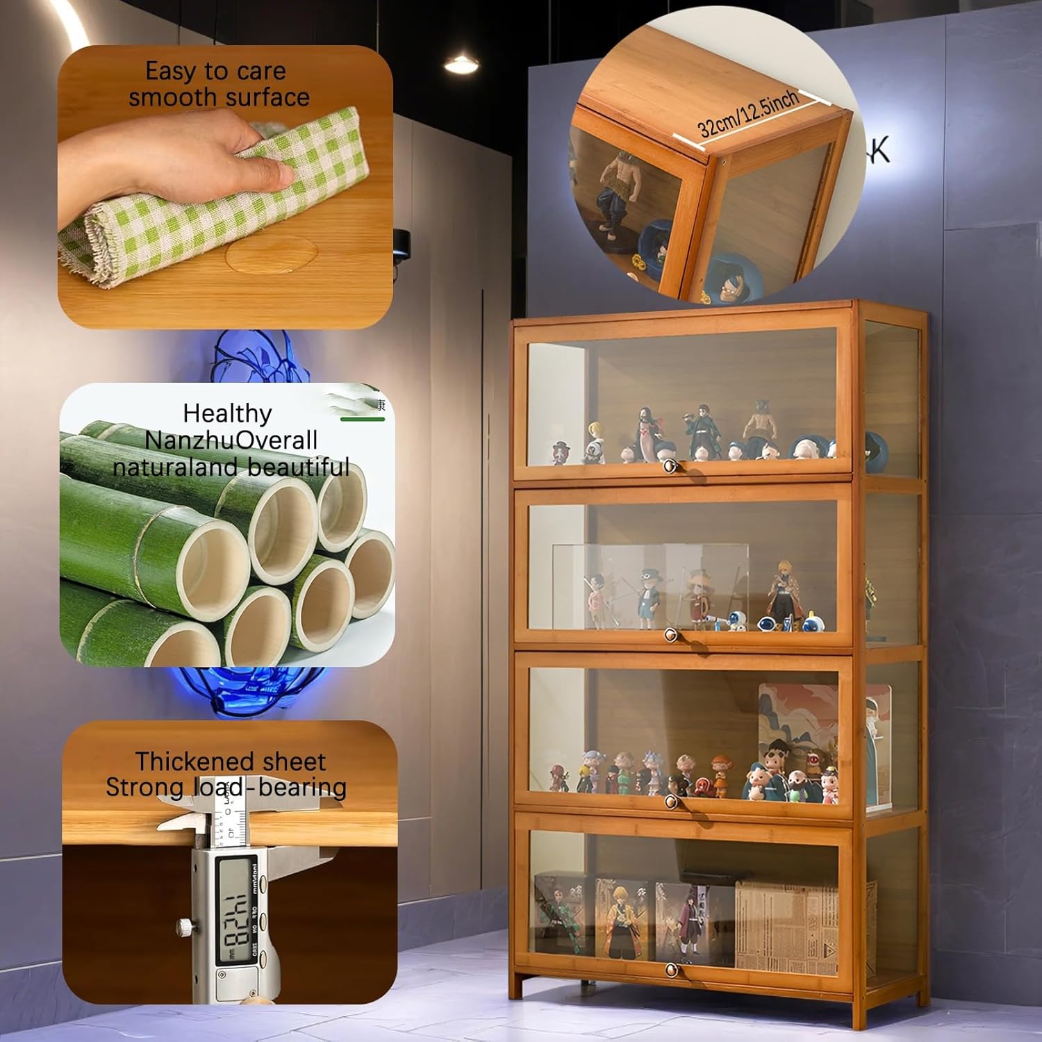 SAADHGG Curio Display Cabinet with Acrylic Glass Door Four Layer Storage Shelves