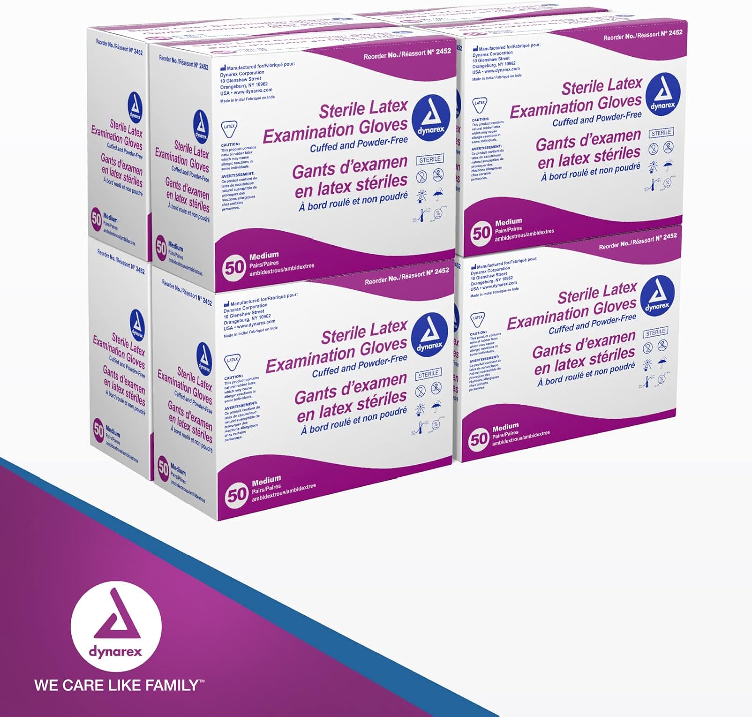 Dynarex Powder-Free Sterile Latex Exam Gloves Medium 1 Case - 8 Boxes of 50 Pairs