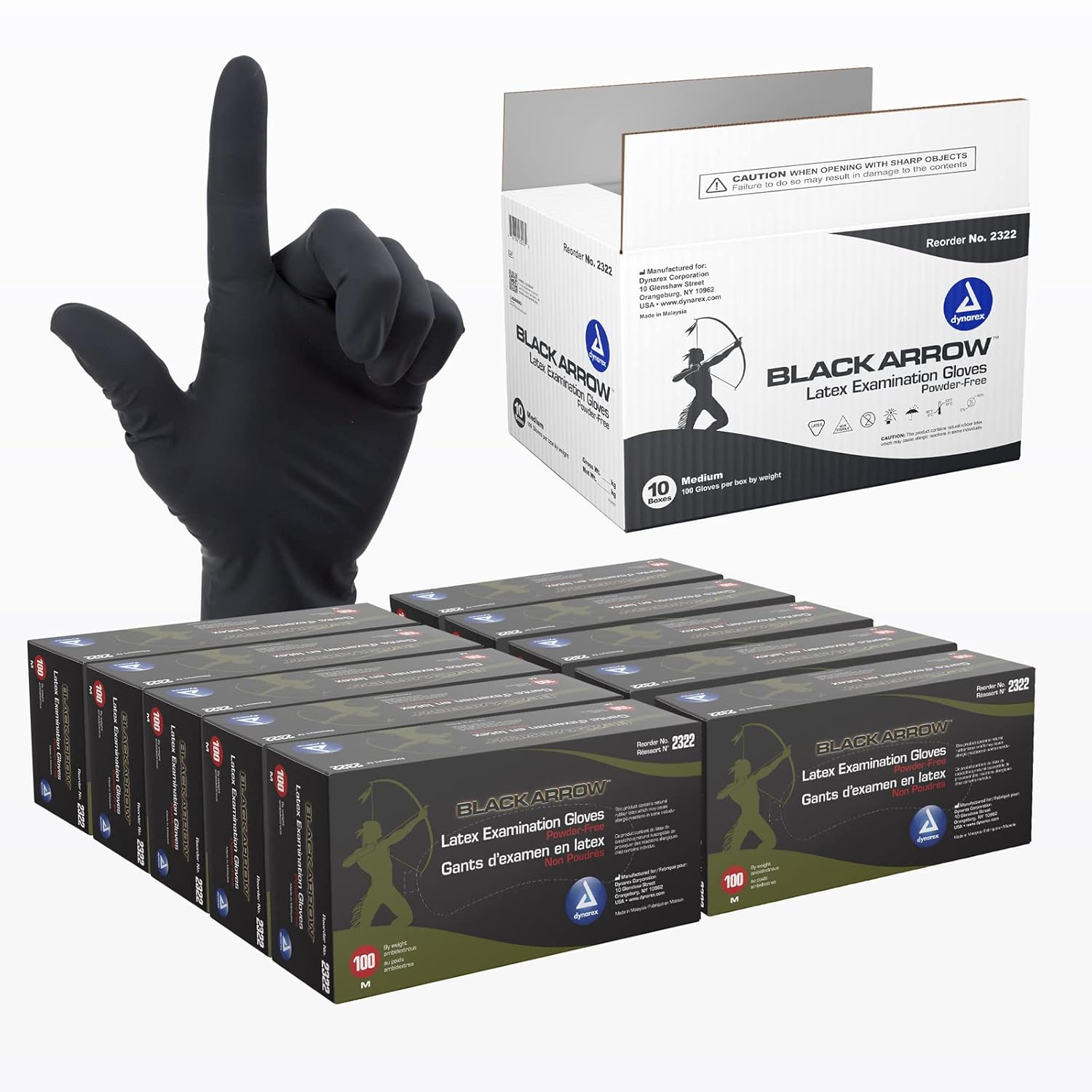 Dynarex Black Arrow Disposable Latex Exam Gloves Powder-Free Medium 1000 Count