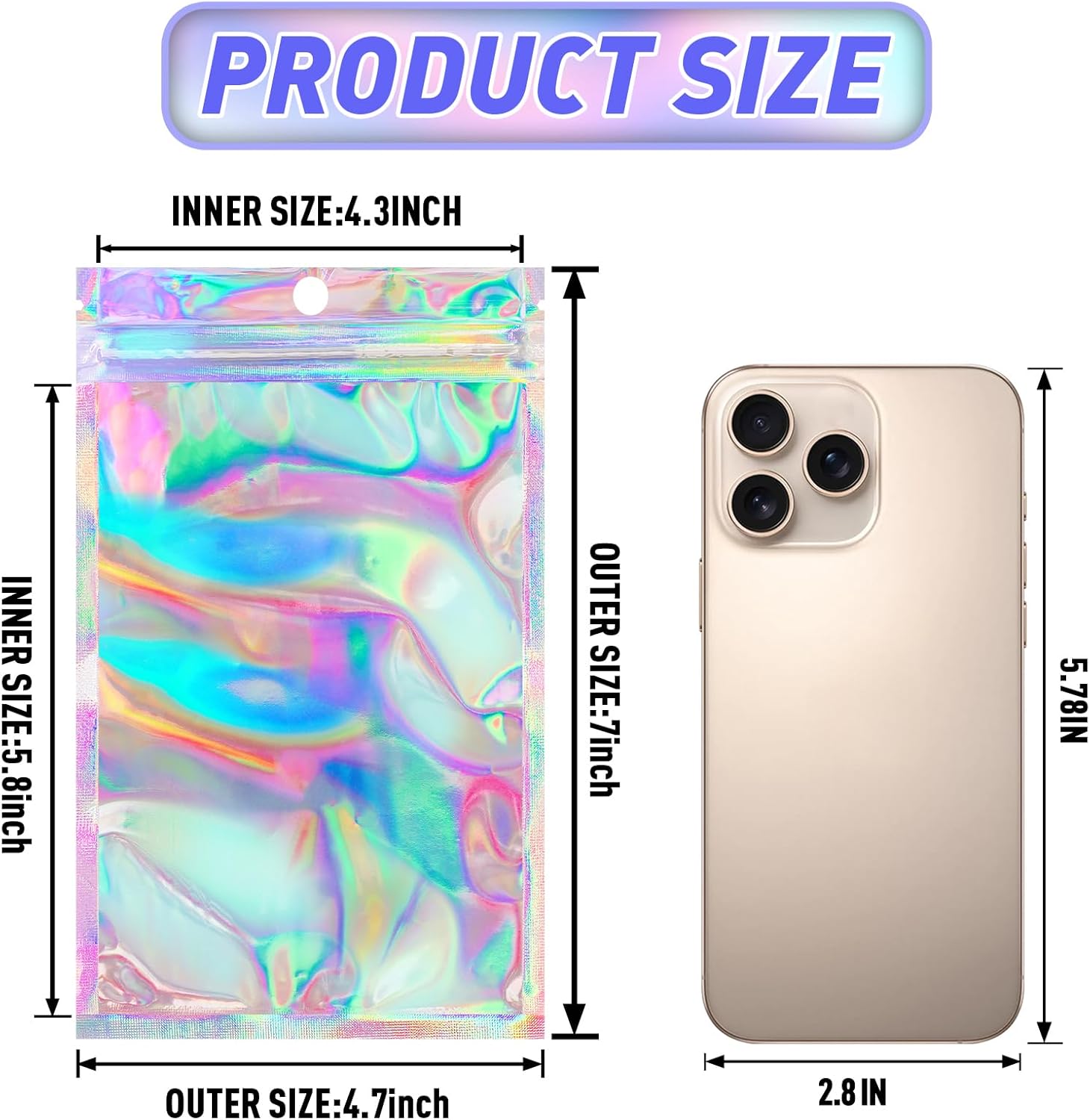 Funfery 100 Pack Clear Smell Proof Holographic Bags with Zipper