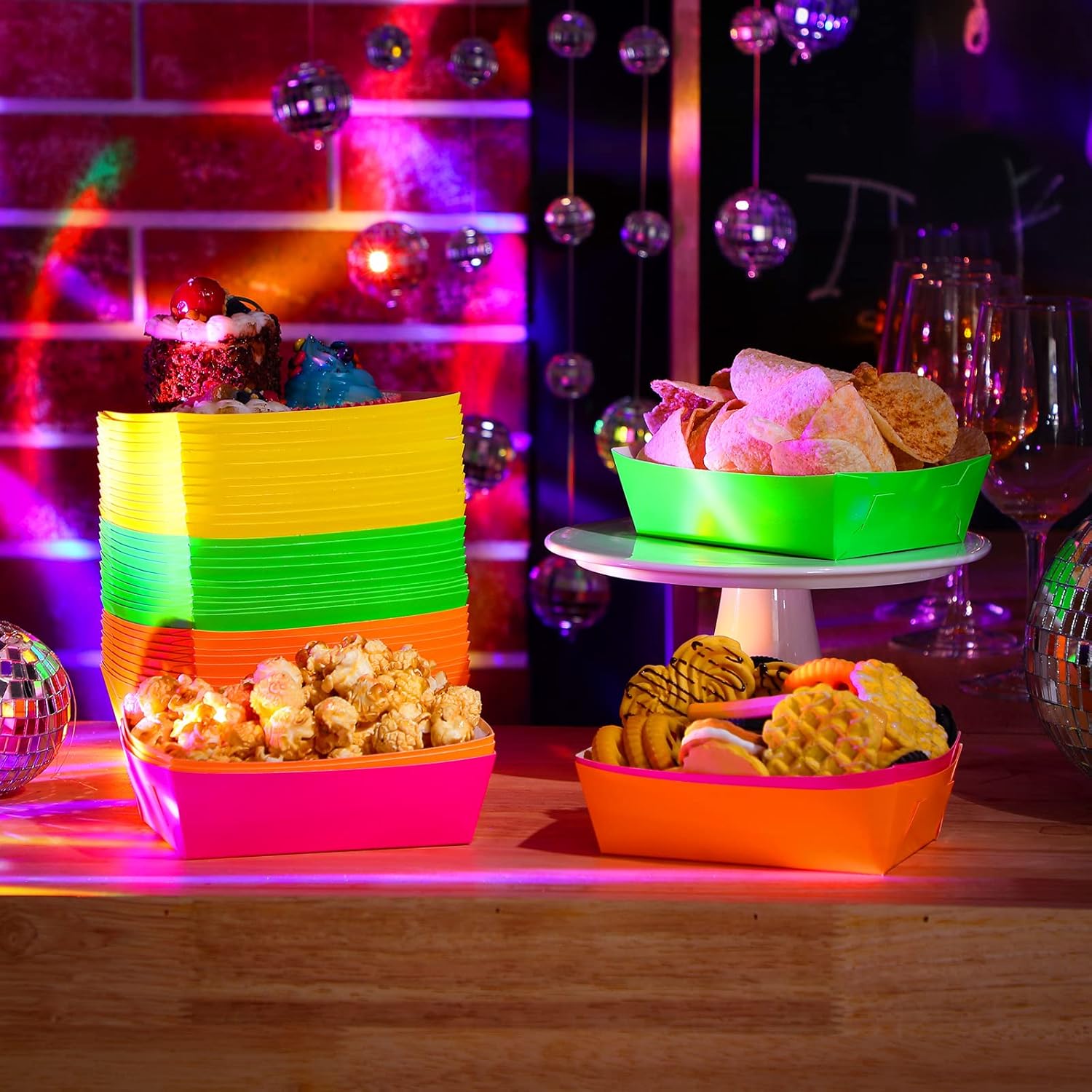 Hoolerry 48 Pcs Neon Glow Food Trays for Parties