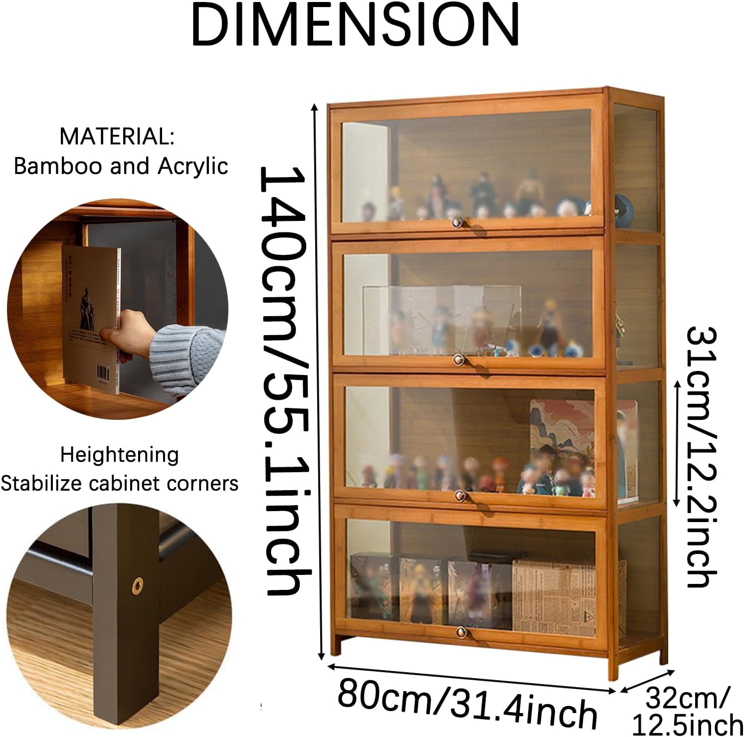 SAADHGG Curio Display Cabinet with Acrylic Glass Door Four Layer Storage Shelves