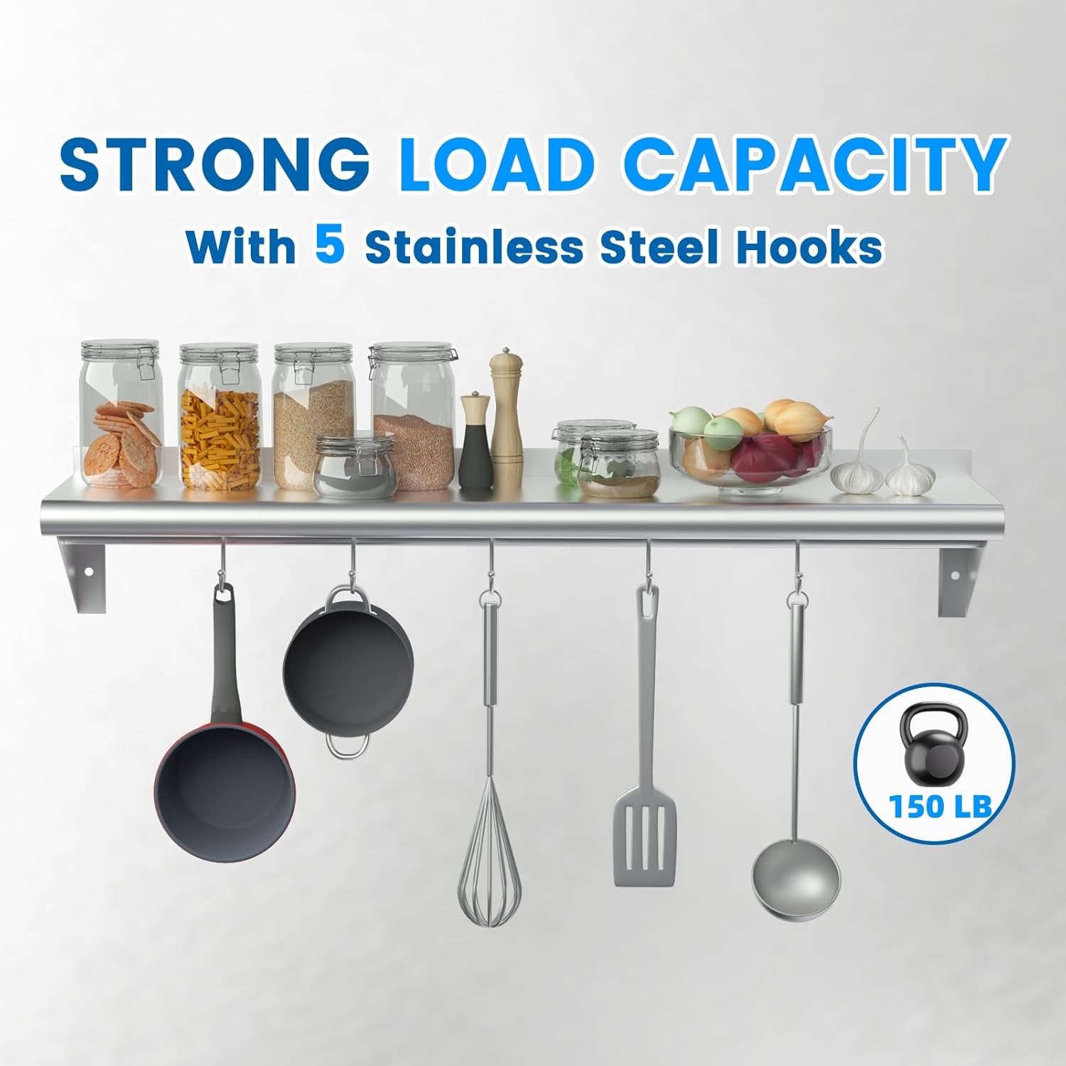 Treshin Stainless Steel Shelf with 5 Hooks 14x48 Inches