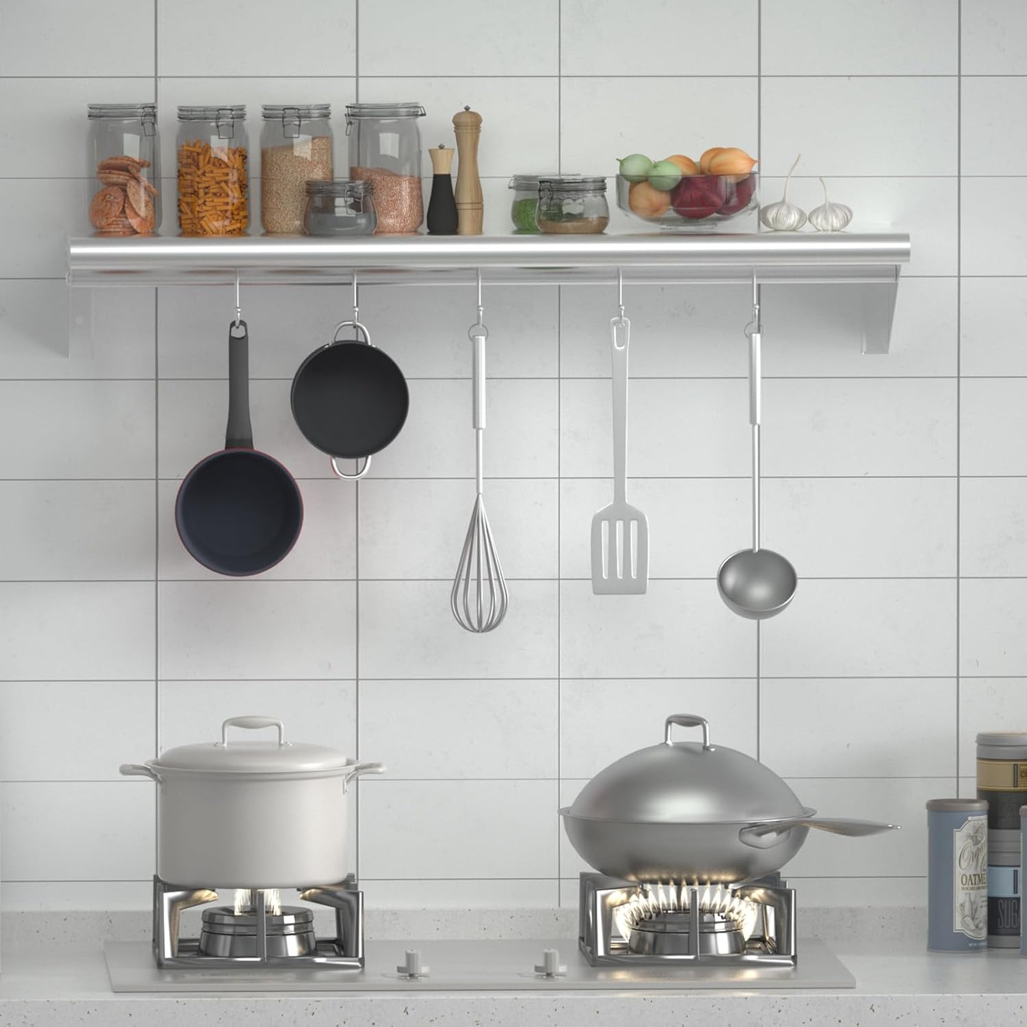 Treshin Stainless Steel Shelf with 5 Hooks 14x48 Inches