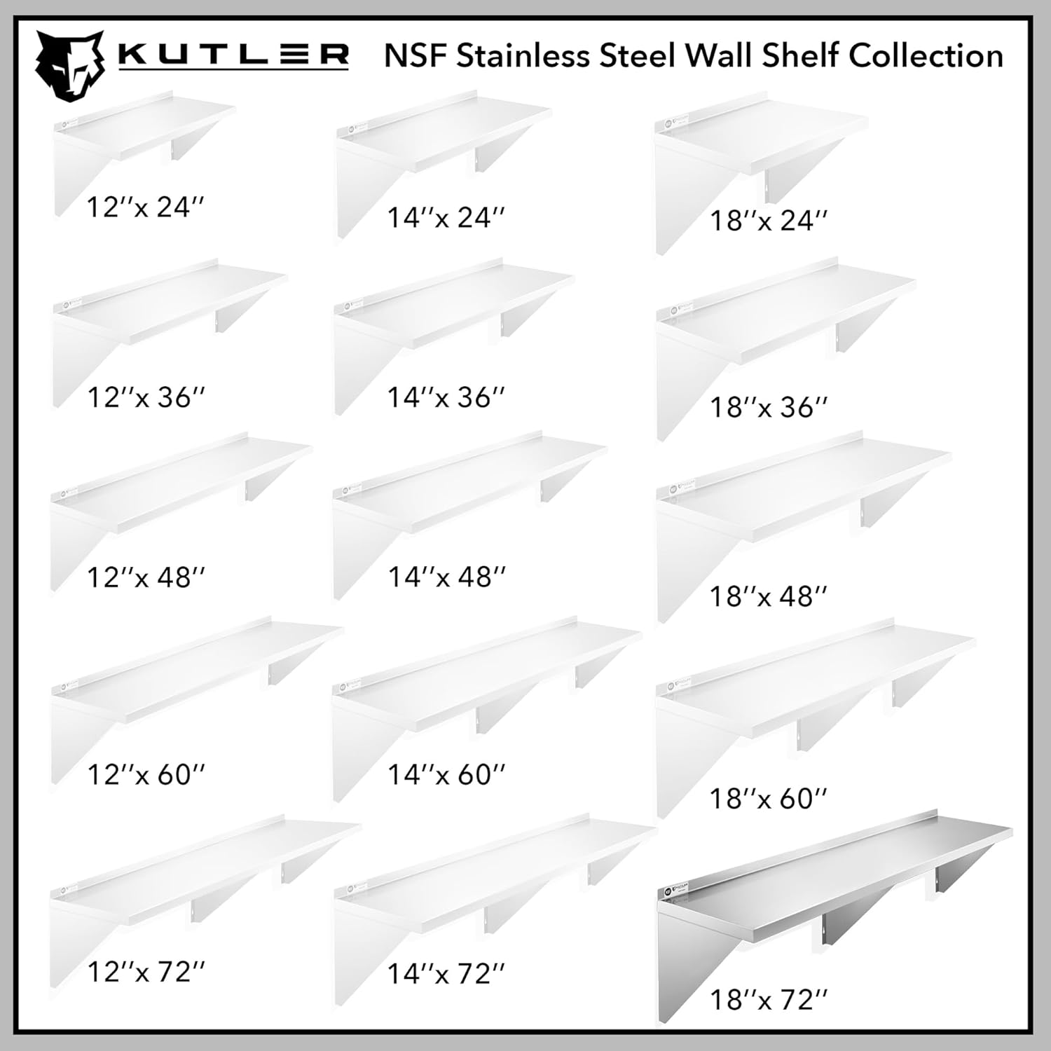 KUTLER Stainless Steel Shelf 18x72 NSF Commercial Wall Mount
