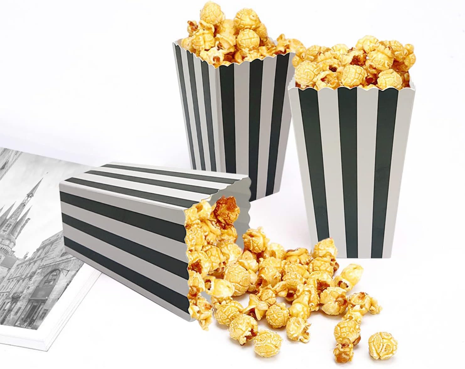 36 Pcs Popcorn Boxes with White and Black Stripes
