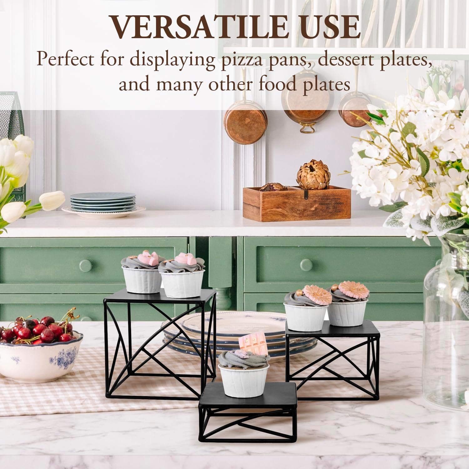 MyGift 3Pc Food Display Risers Set Matte Black Metal Serving Stands