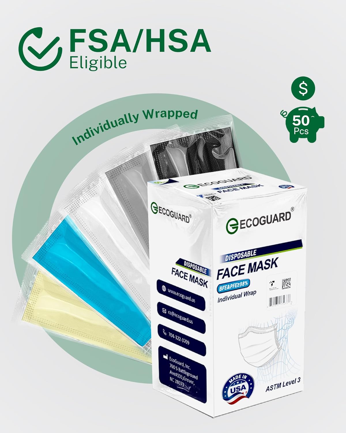 EG EcoGuard USA-Made 4 Ply Face Masks 50 Pack