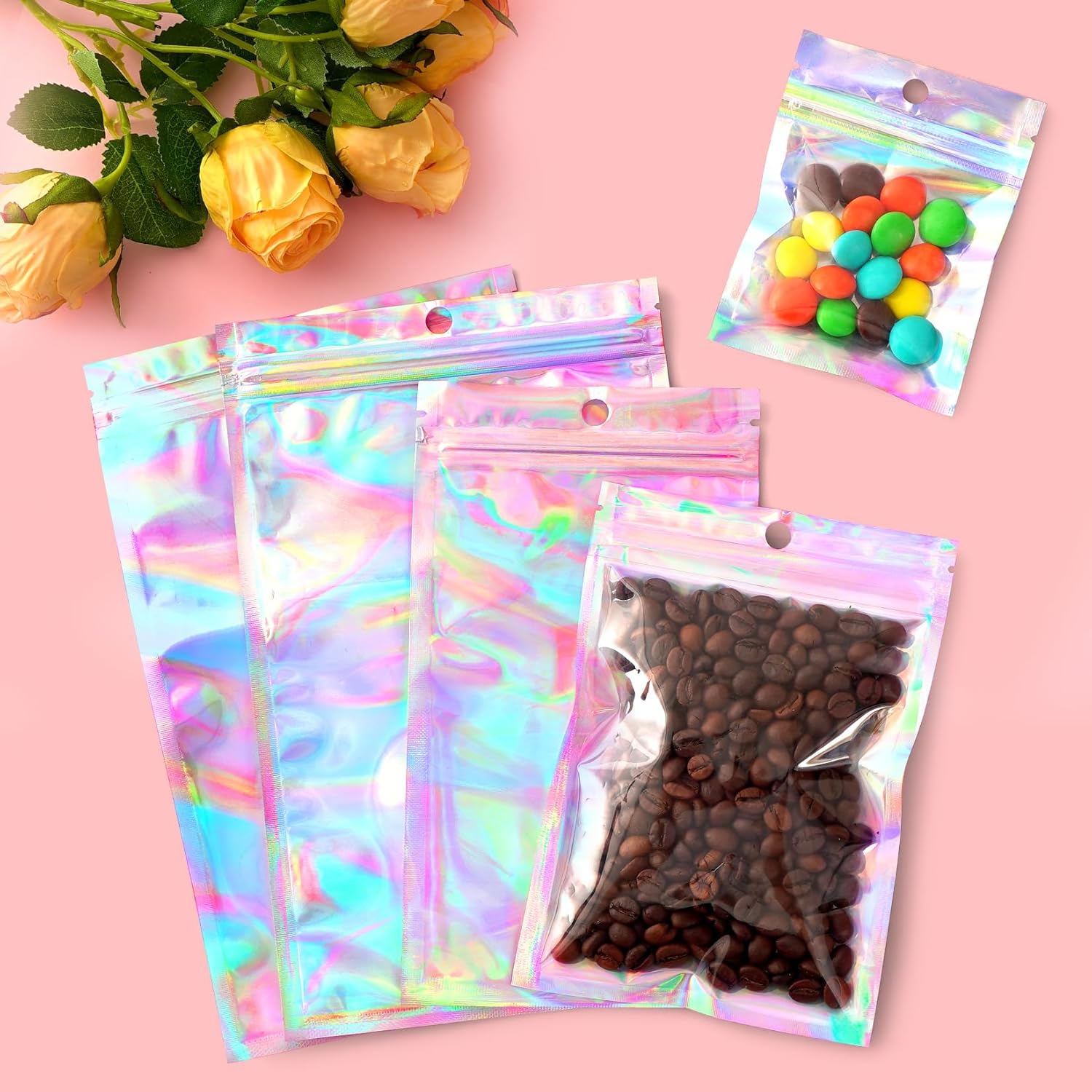 Funfery 100 Pack Clear Smell Proof Holographic Bags with Zipper