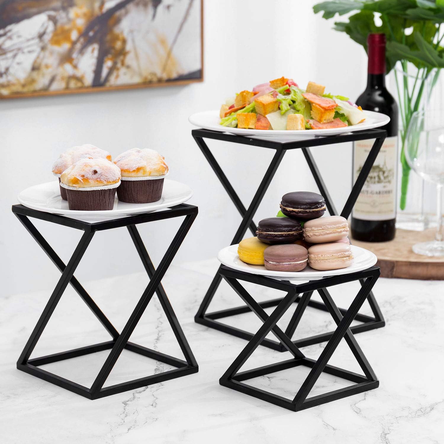 MyGift Twisting Geometric Matte Black Metal Pizza Riser Racks Set of 3