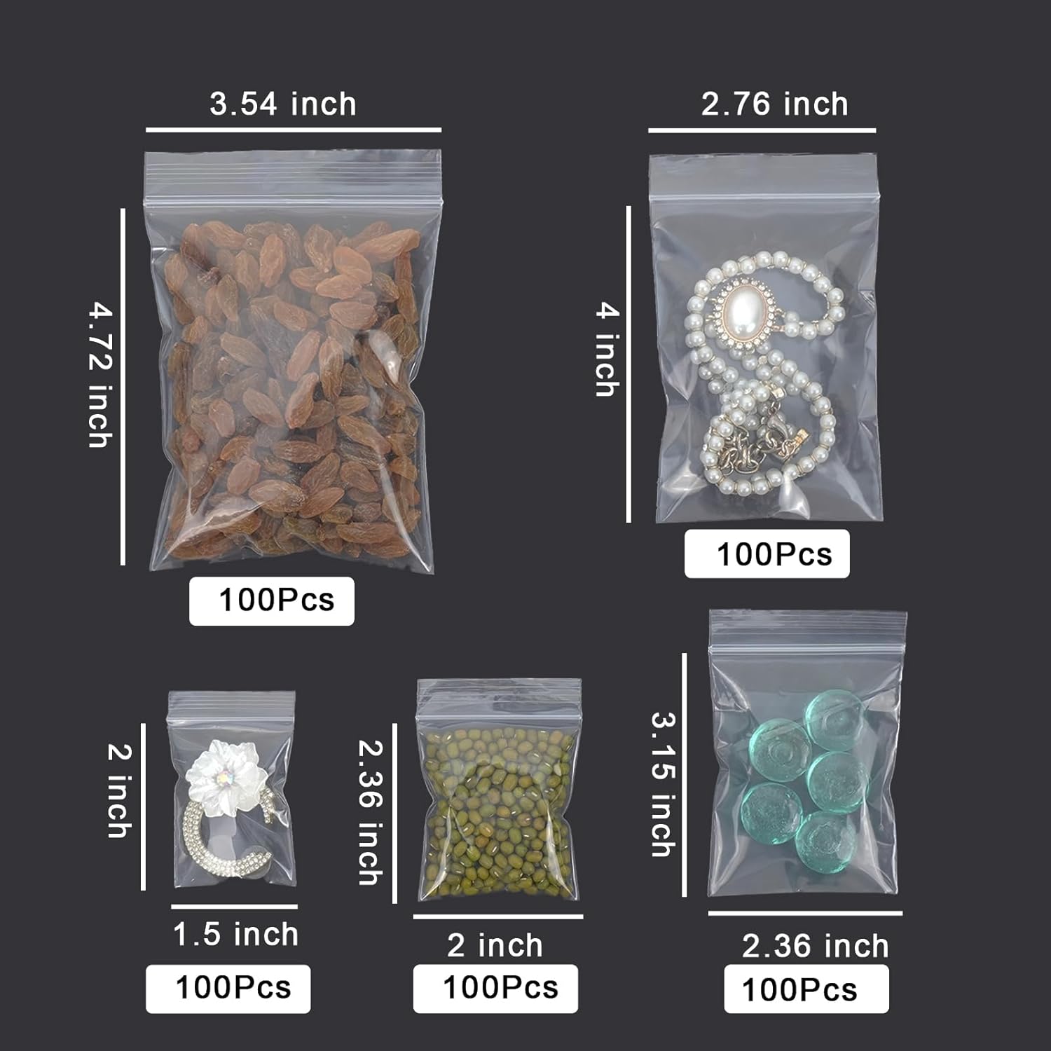 500 Pcs Small Clear Plastic Zip Bags with 5 Sizes and Sticker Tags