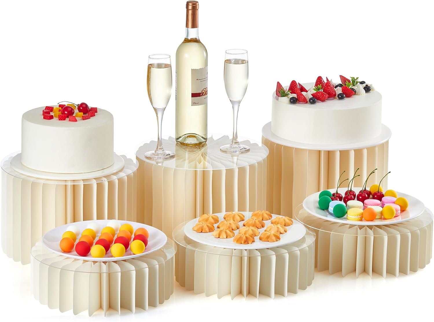 6-Pack Foldable Multi-Height Buffet Risers 12 White Cardboard Cylinder Stands with Acrylic Plates