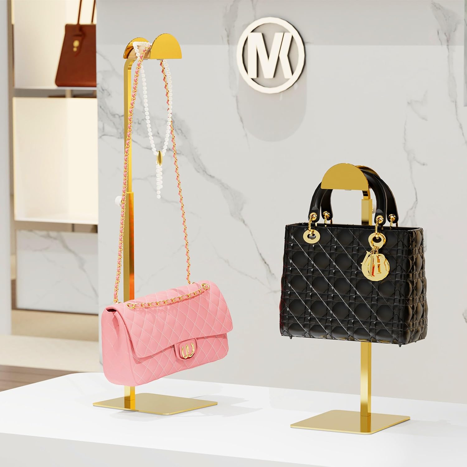 2 Pack Gold Purse Display Stand for Vanities and Retail