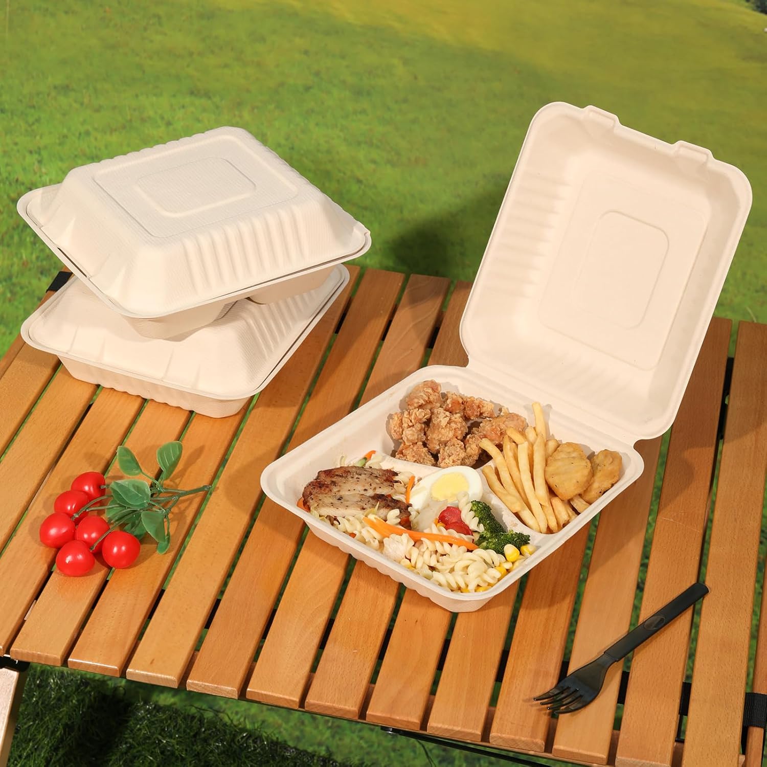 Aricsen 3 Compartment Clamshell Takeout Containers 8x9 Inch 100 Pack