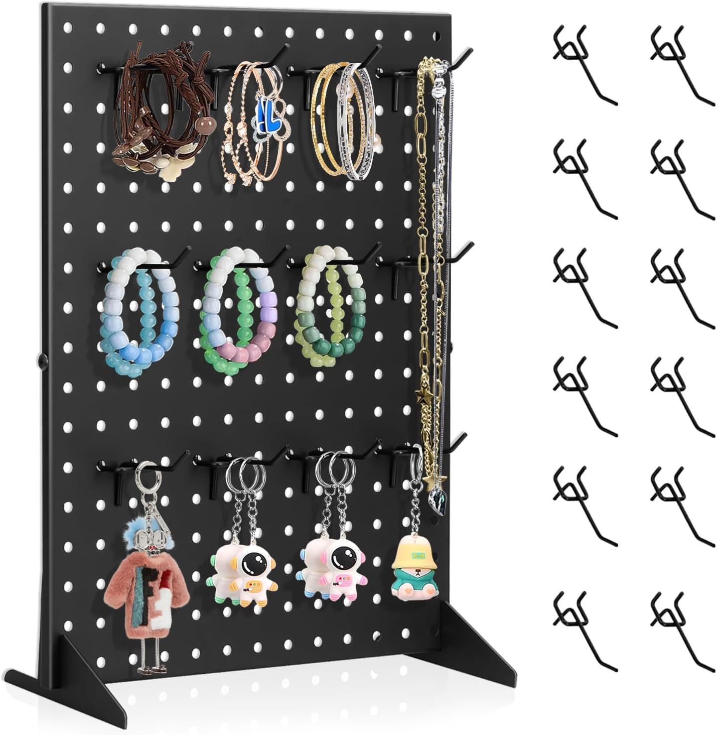 Peg Board Display Stand with 12 Hooks Black Metal Tabletop Organizer
