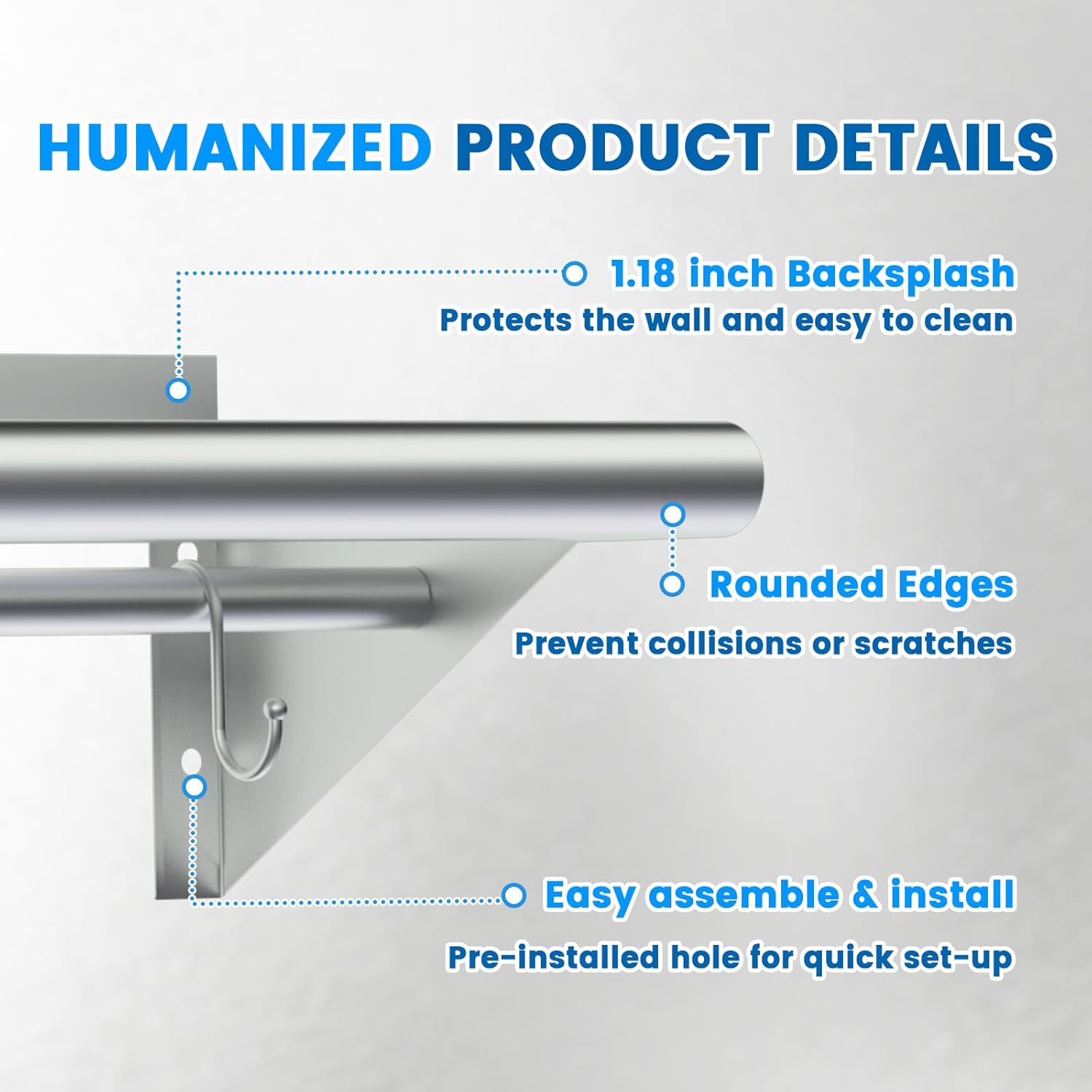 Treshin Heavy Duty Stainless Steel Shelf with 5 Hooks 12x48 Inches