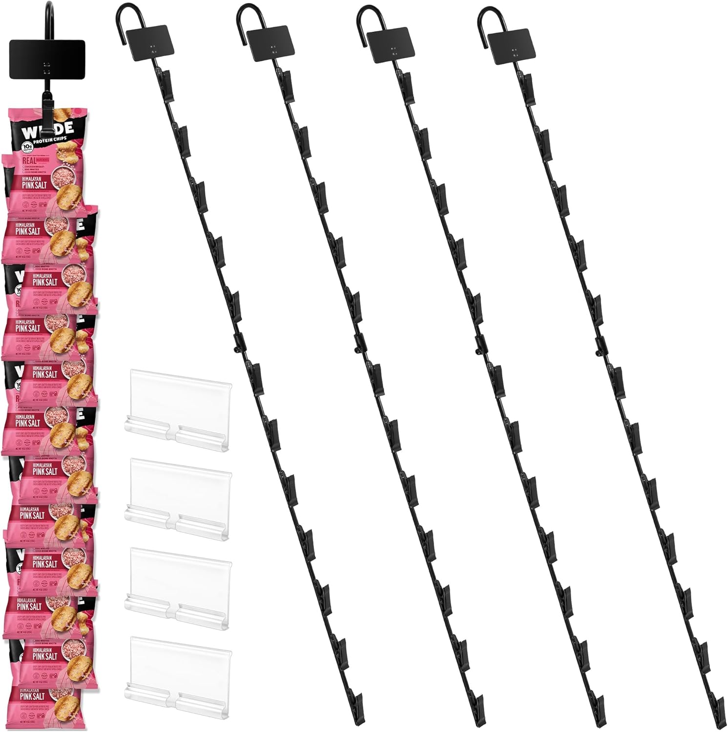 Hanging Chip Display Rack with 12 Clips - 4 Pack Black with Headers