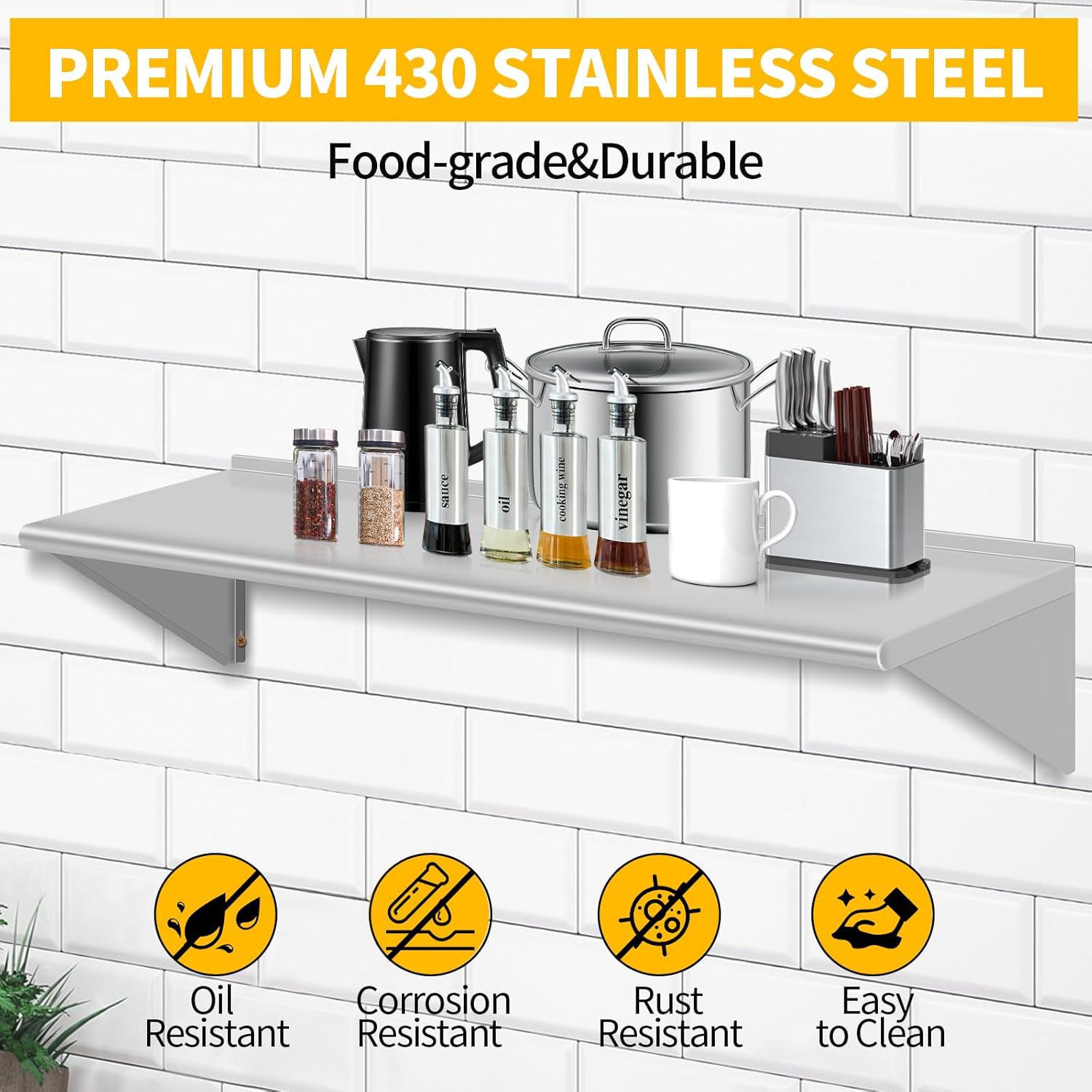 Stainless Steel Wall Shelf 14x48 Commercial Floating Shelving