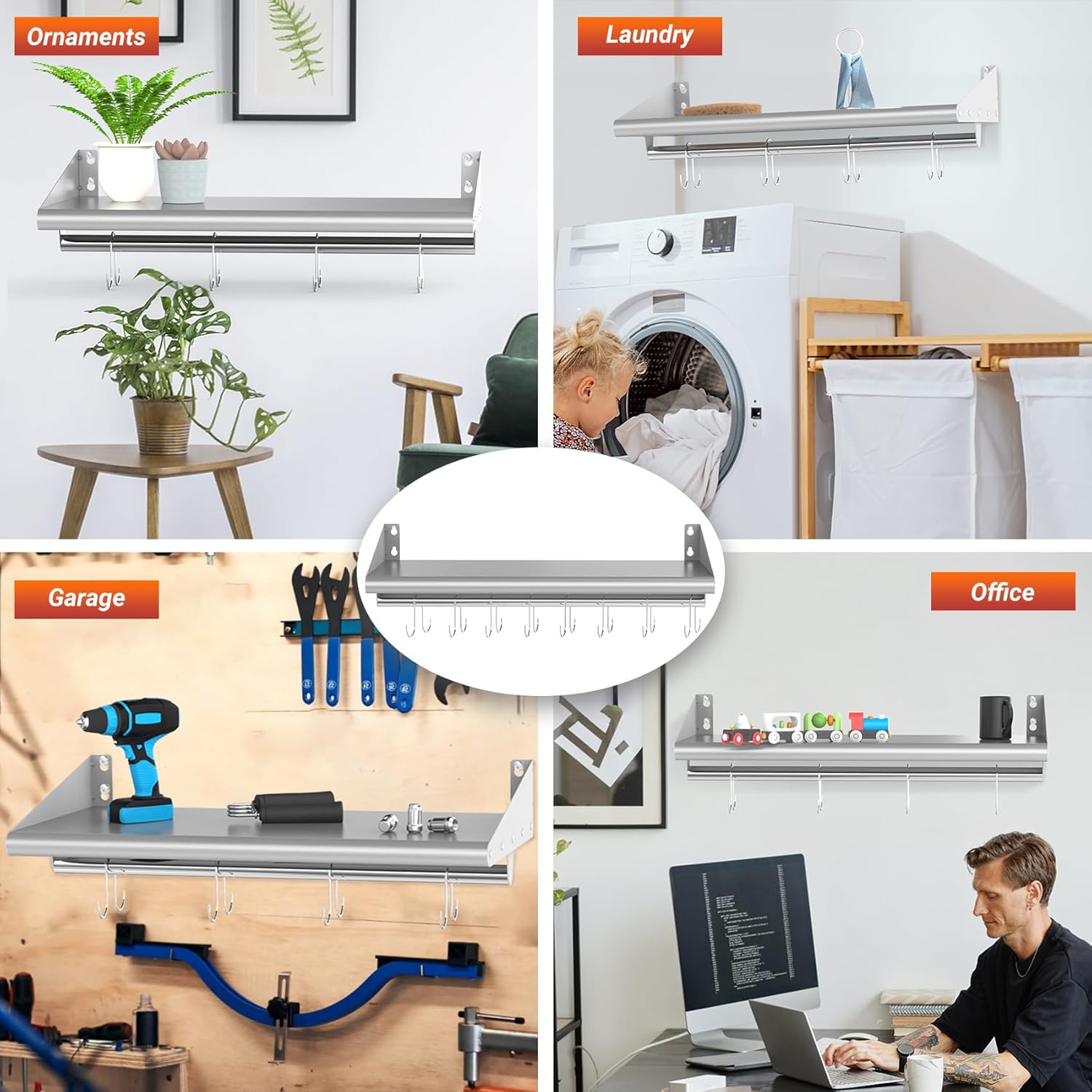 Skyflame Stainless Steel Floating Shelving with 8 Hooks
