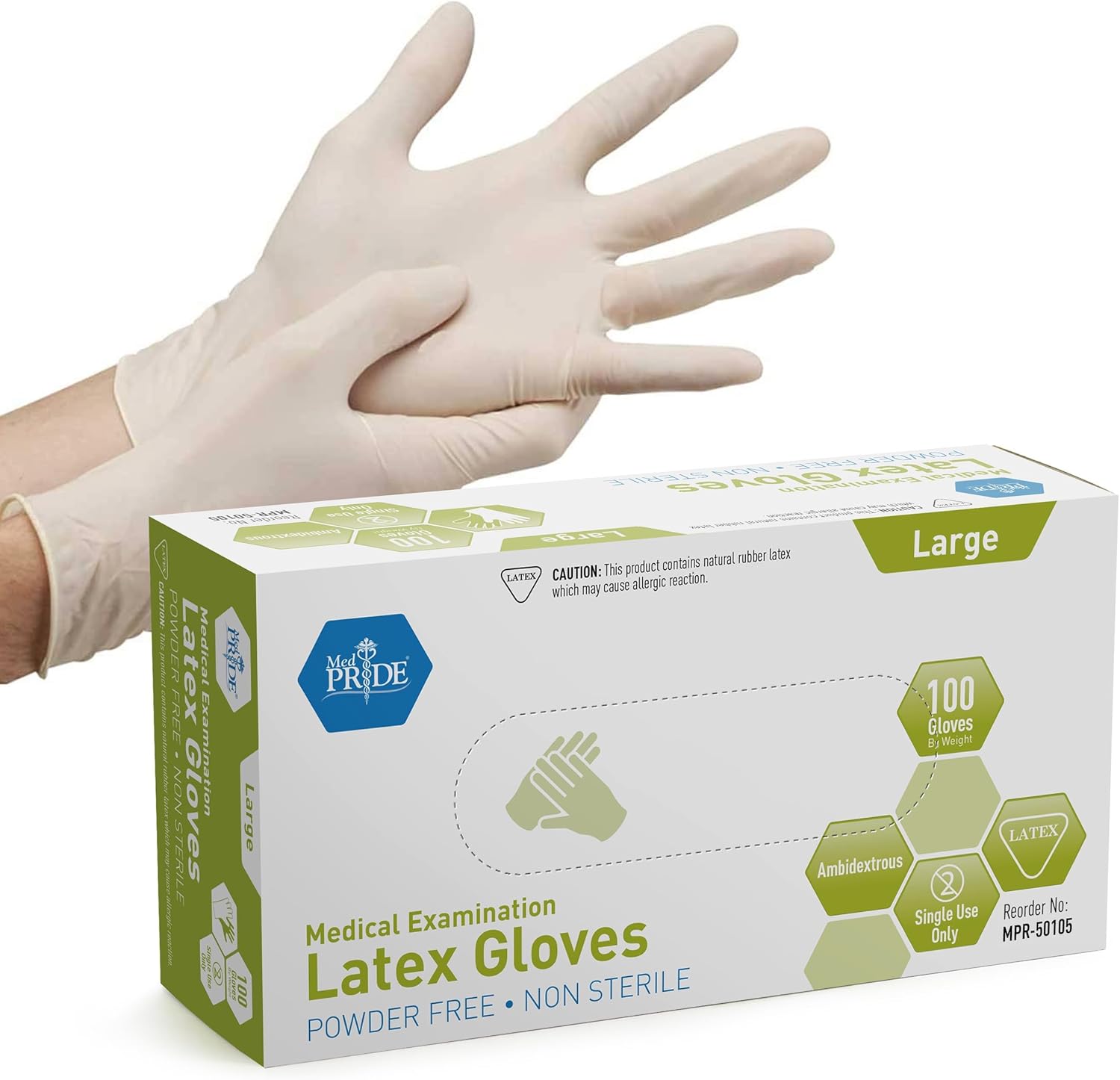 MedPride Powder-Free Latex Exam Gloves Large Box of 100