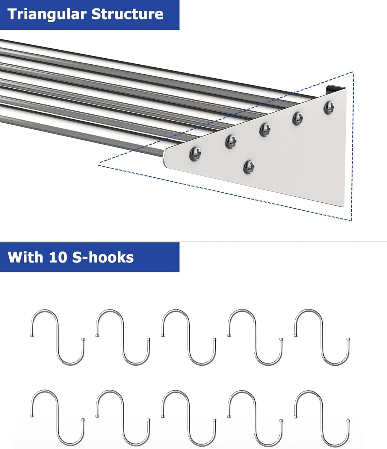 EcoExplorer Stainless Steel Wall Shelf with 10 Hooks