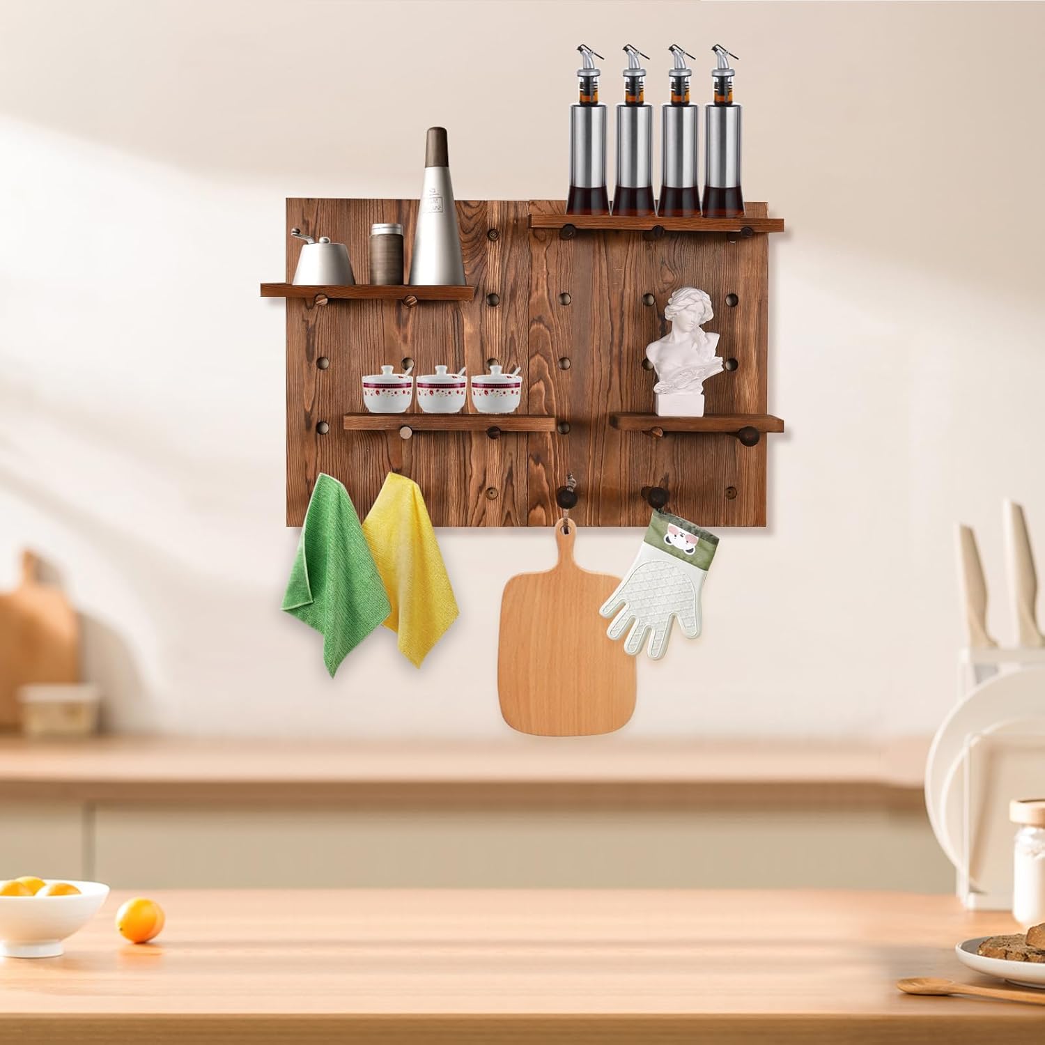 Serene Plum Perforated Wood Pegboard Wall Shelf 2 Sets Charcoal-Grilled Color