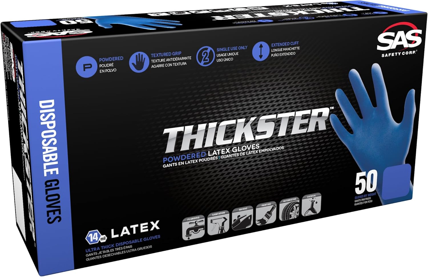 SAS Thickster Powdered Latex Gloves 14 Mil Large Blue Box of 50